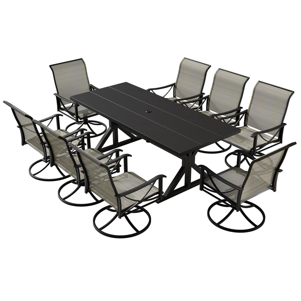 Gotland 9 Piece Outdoor Dining Set, Metal Outdoor table with Spider Legs, Patio Furniture Set with 6 Single Chair and 2 Teslin Swivel Chairs, Patio Dining Sets for Backyard Deck Brown