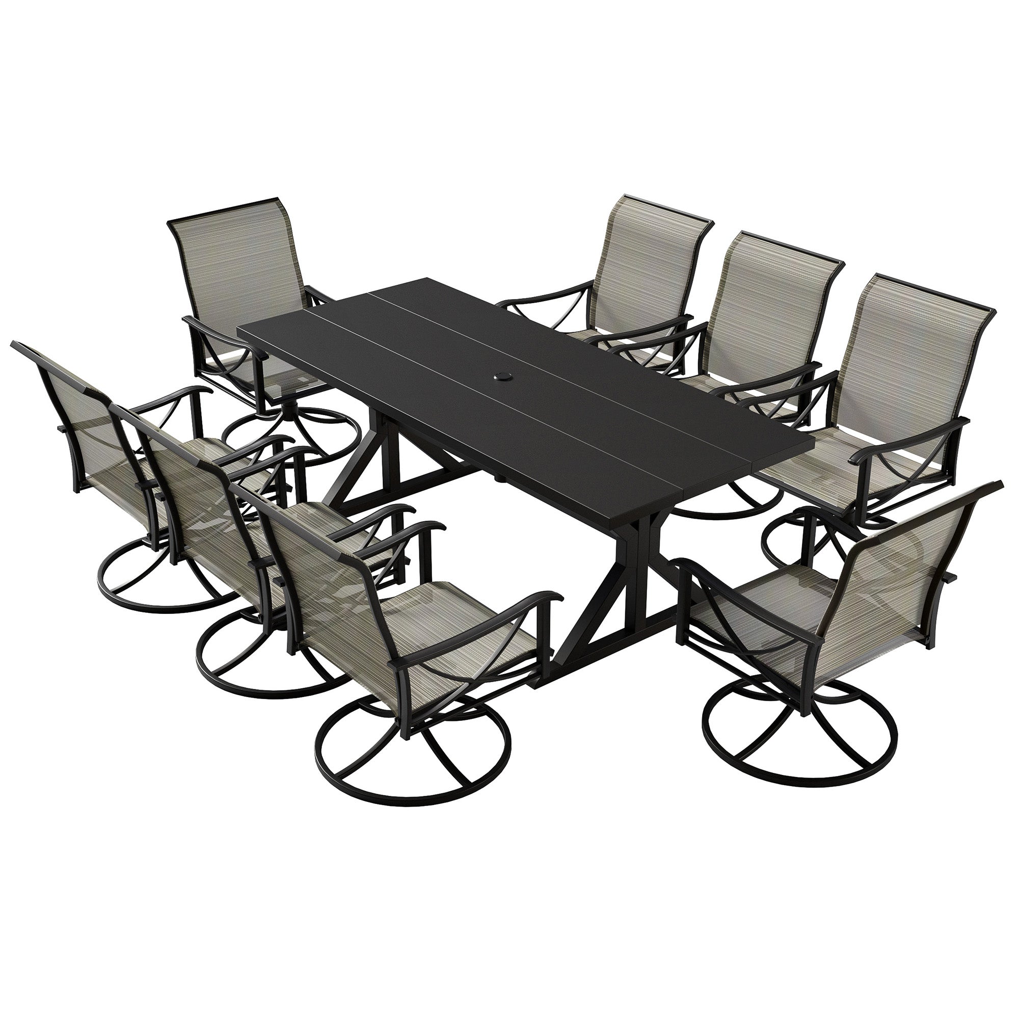 Gotland 9 Piece Outdoor Dining Set, Metal Outdoor table with Spider Legs, Patio Furniture Set with 6 Single Chair and 2 Teslin Swivel Chairs, Patio Dining Sets for Backyard Deck Brown
