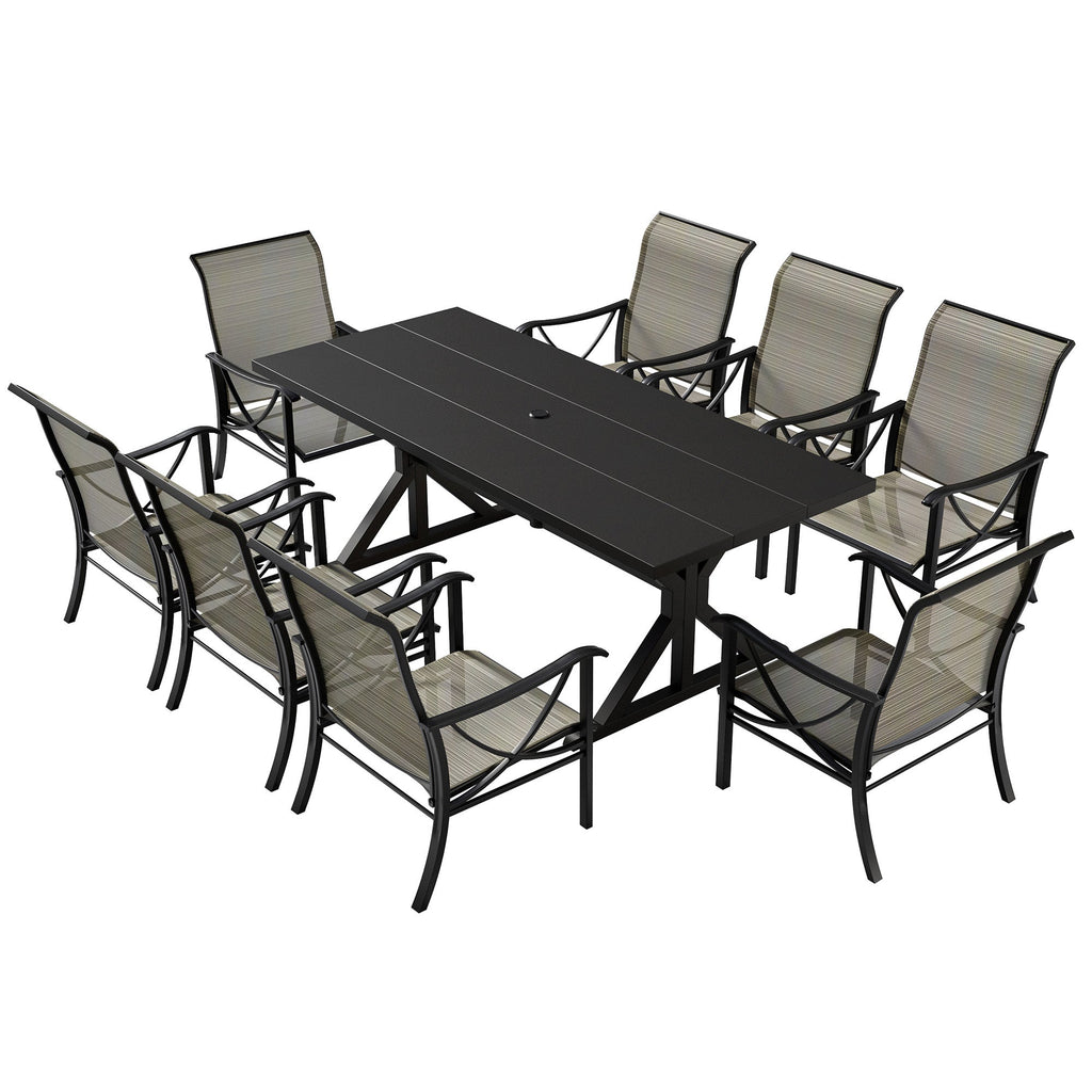 Gotland 9 Piece Outdoor Dining Set, Metal Outdoor table with Spider Legs, Patio Furniture Set with 6 Single Chair and 2 Teslin Swivel Chairs, Patio Dining Sets for Backyard Deck Brown