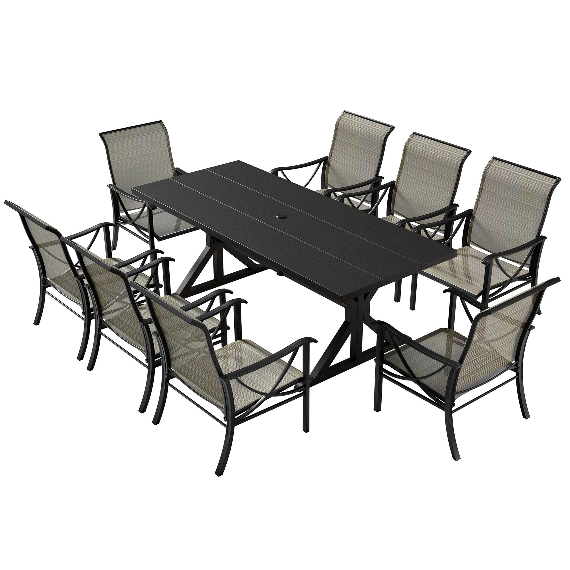 Gotland 9 Piece Outdoor Dining Set, Metal Outdoor table with Spider Legs, Patio Furniture Set with 6 Single Chair and 2 Teslin Swivel Chairs, Patio Dining Sets for Backyard Deck Brown