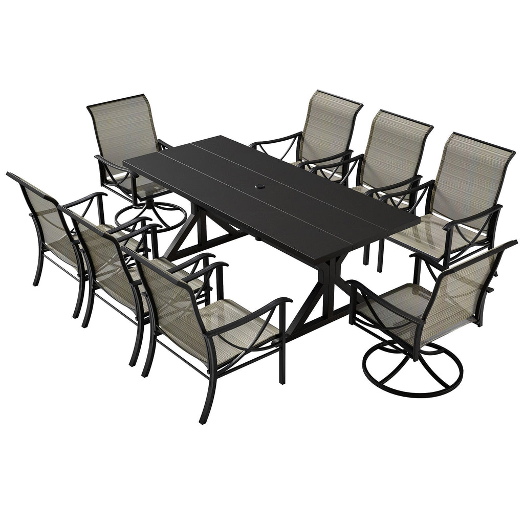 Gotland 9 Piece Outdoor Dining Set, Metal Outdoor table with Spider Legs, Patio Furniture Set with 6 Single Chair and 2 Teslin Swivel Chairs, Patio Dining Sets for Backyard Deck Brown