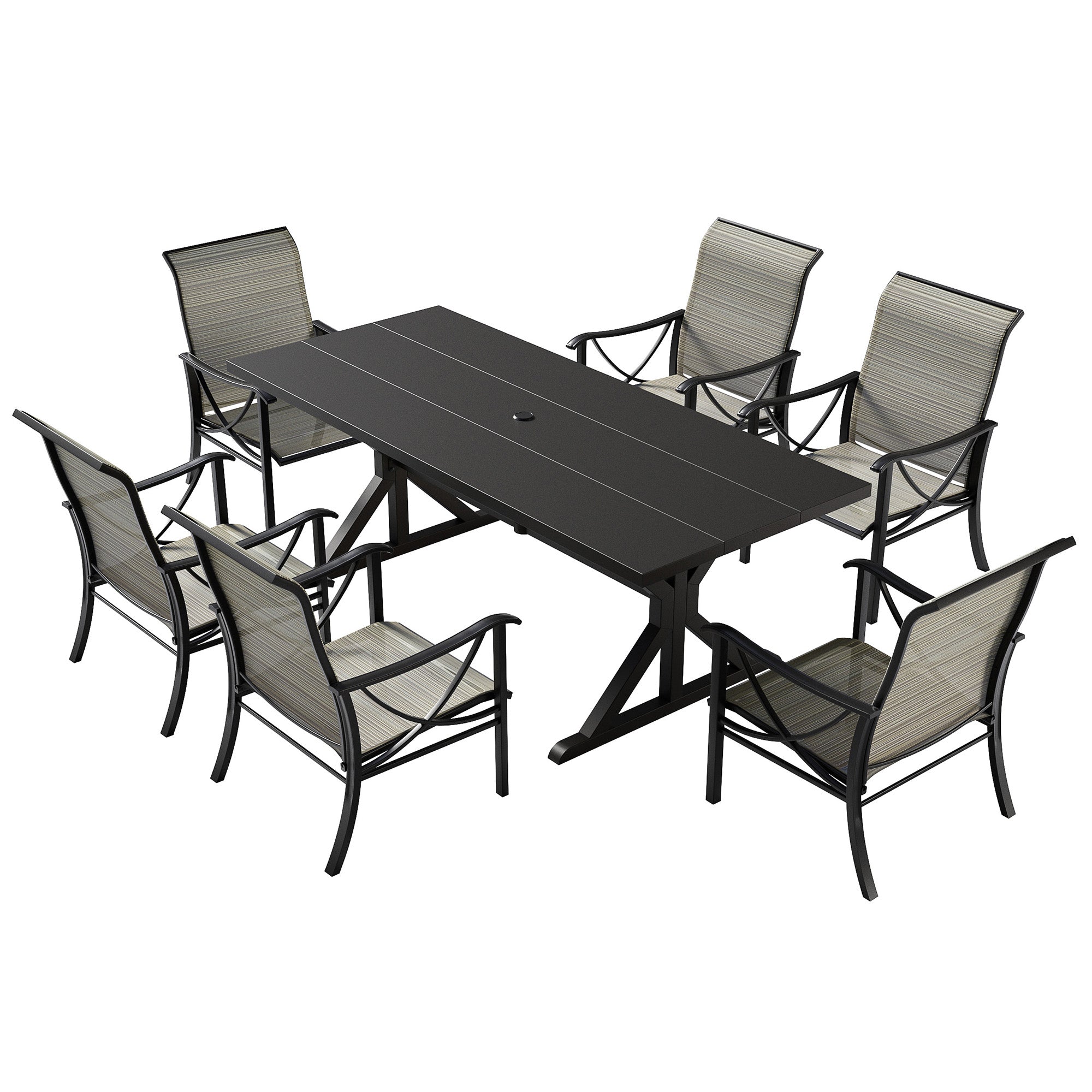 Gotland 7 Piece Outdoor Dining Set, Metal Outdoor table with Spider Legs, Patio Furniture Set with 4 Single Chair and 2 Teslin Swivel Chairs, Patio Dining Sets for Backyard Deck Brown