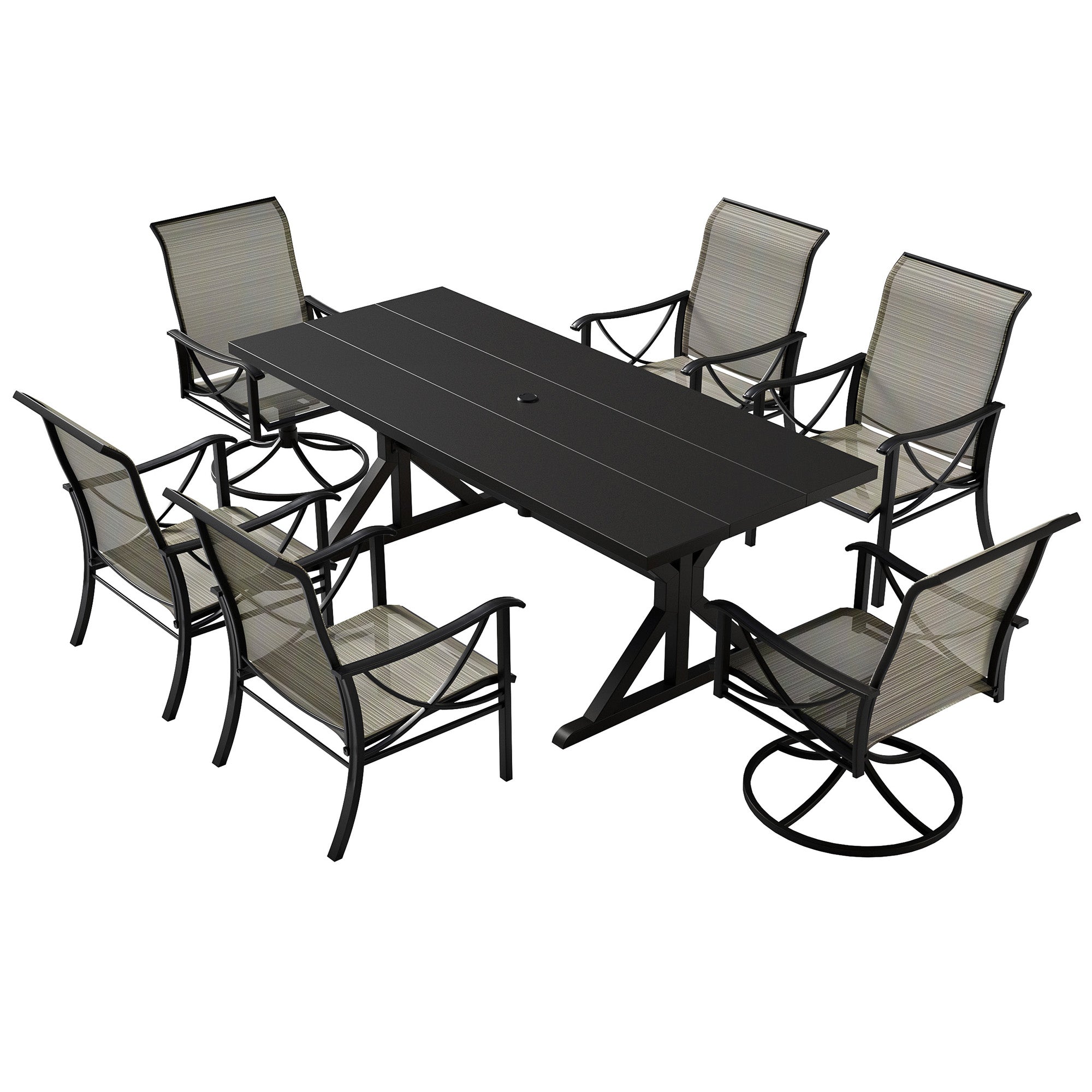 Gotland 7 Piece Outdoor Dining Set, Metal Outdoor table with Spider Legs, Patio Furniture Set with 4 Single Chair and 2 Teslin Swivel Chairs, Patio Dining Sets for Backyard Deck Brown