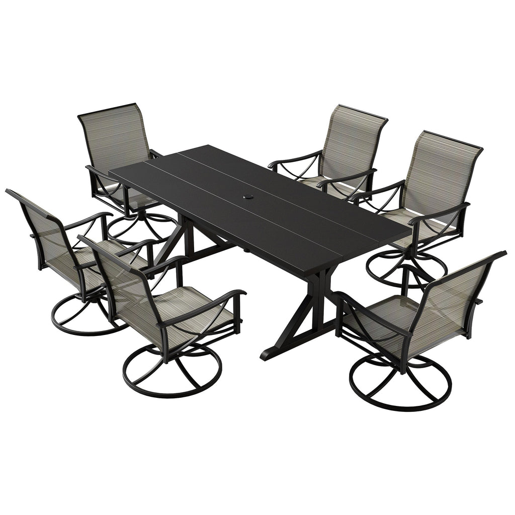 Gotland 7 Piece Outdoor Dining Set, Metal Outdoor table with Spider Legs, Patio Furniture Set with 4 Single Chair and 2 Teslin Swivel Chairs, Patio Dining Sets for Backyard Deck Brown