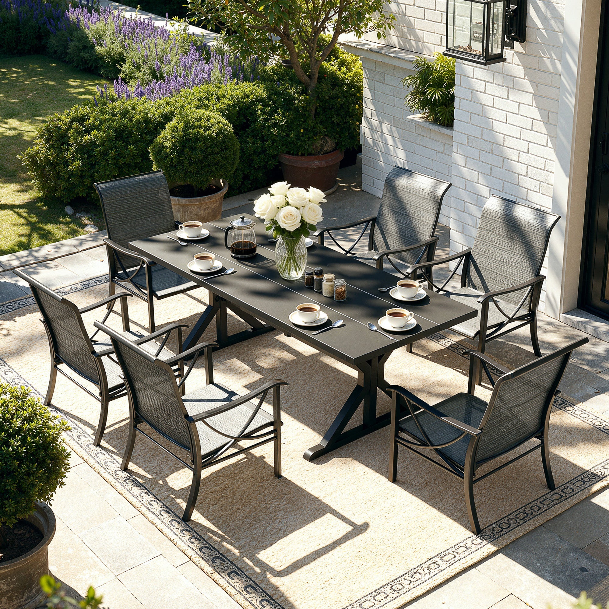 Gotland 7 Piece Outdoor Dining Set, Metal Outdoor table with Spider Legs, Patio Furniture Set with 4 Single Chair and 2 Teslin Swivel Chairs, Patio Dining Sets for Backyard Deck Brown