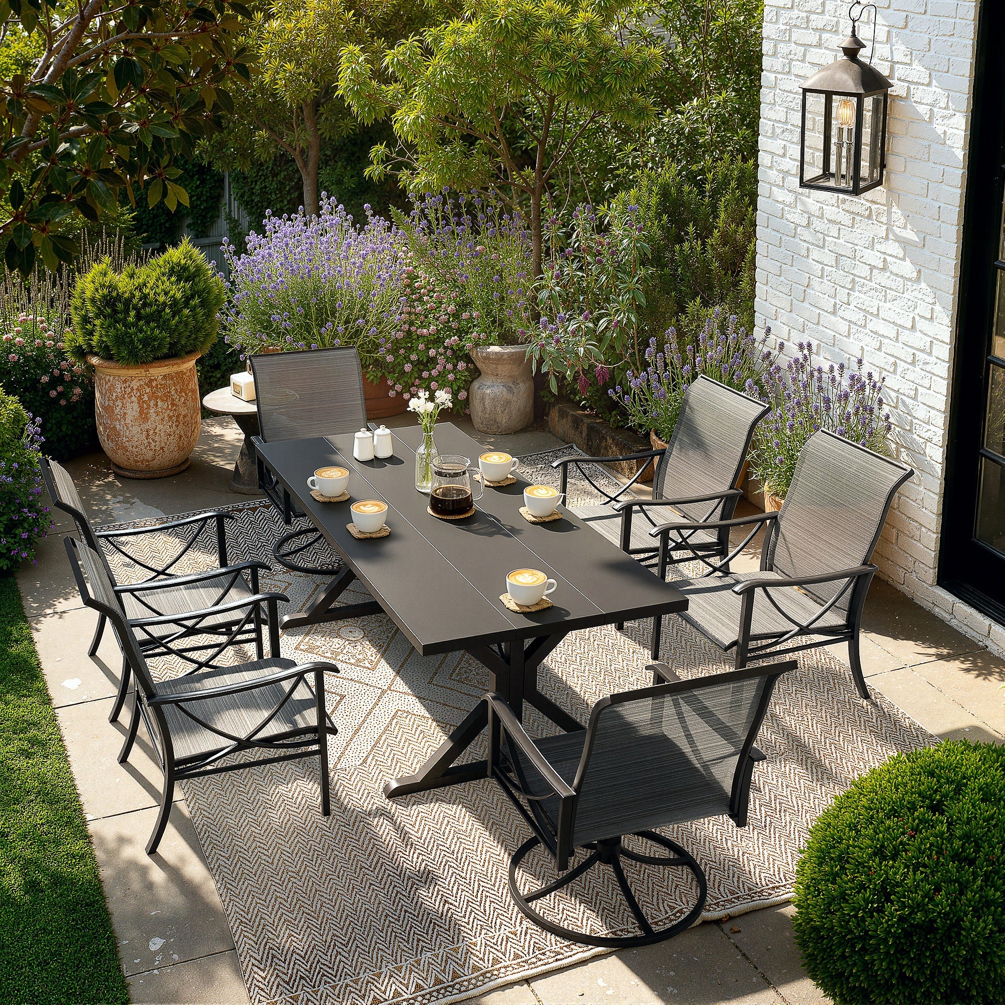 Gotland 7 Piece Outdoor Dining Set, Metal Outdoor table with Spider Legs, Patio Furniture Set with 4 Single Chair and 2 Teslin Swivel Chairs, Patio Dining Sets for Backyard Deck Brown