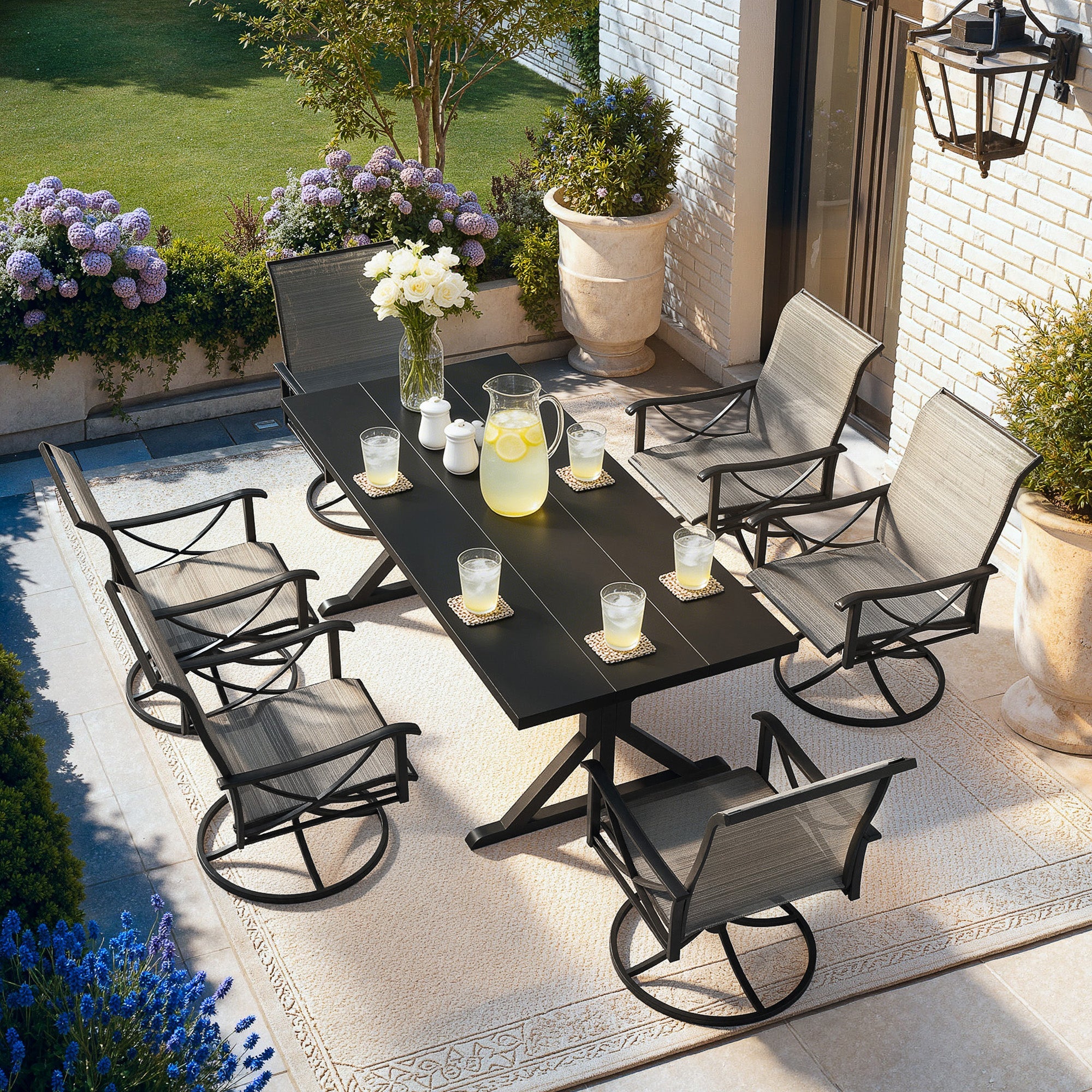 Gotland 7 Piece Outdoor Dining Set, Metal Outdoor table with Spider Legs, Patio Furniture Set with 4 Single Chair and 2 Teslin Swivel Chairs, Patio Dining Sets for Backyard Deck Brown