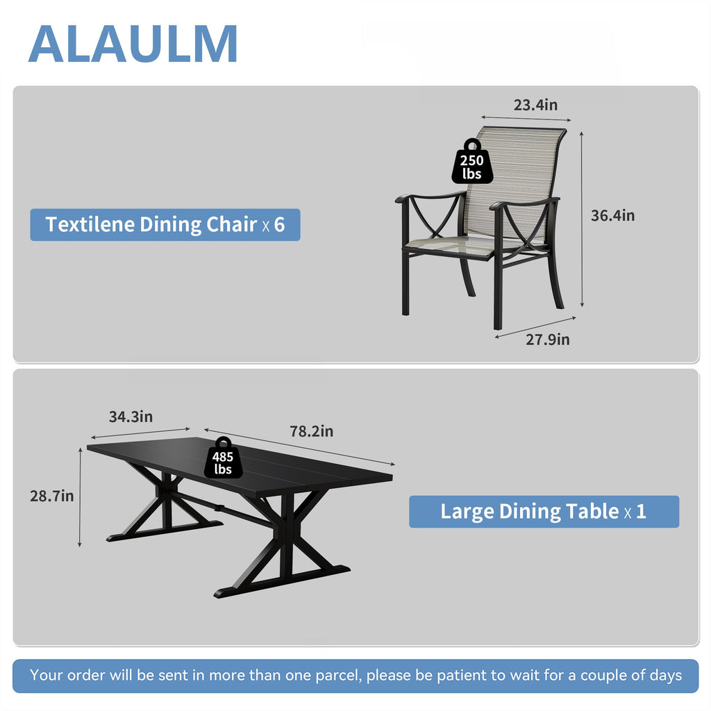 Gotland 7 Piece Outdoor Dining Set, Metal Outdoor table with Spider Legs, Patio Furniture Set with 4 Single Chair and 2 Teslin Swivel Chairs, Patio Dining Sets for Backyard Deck Brown