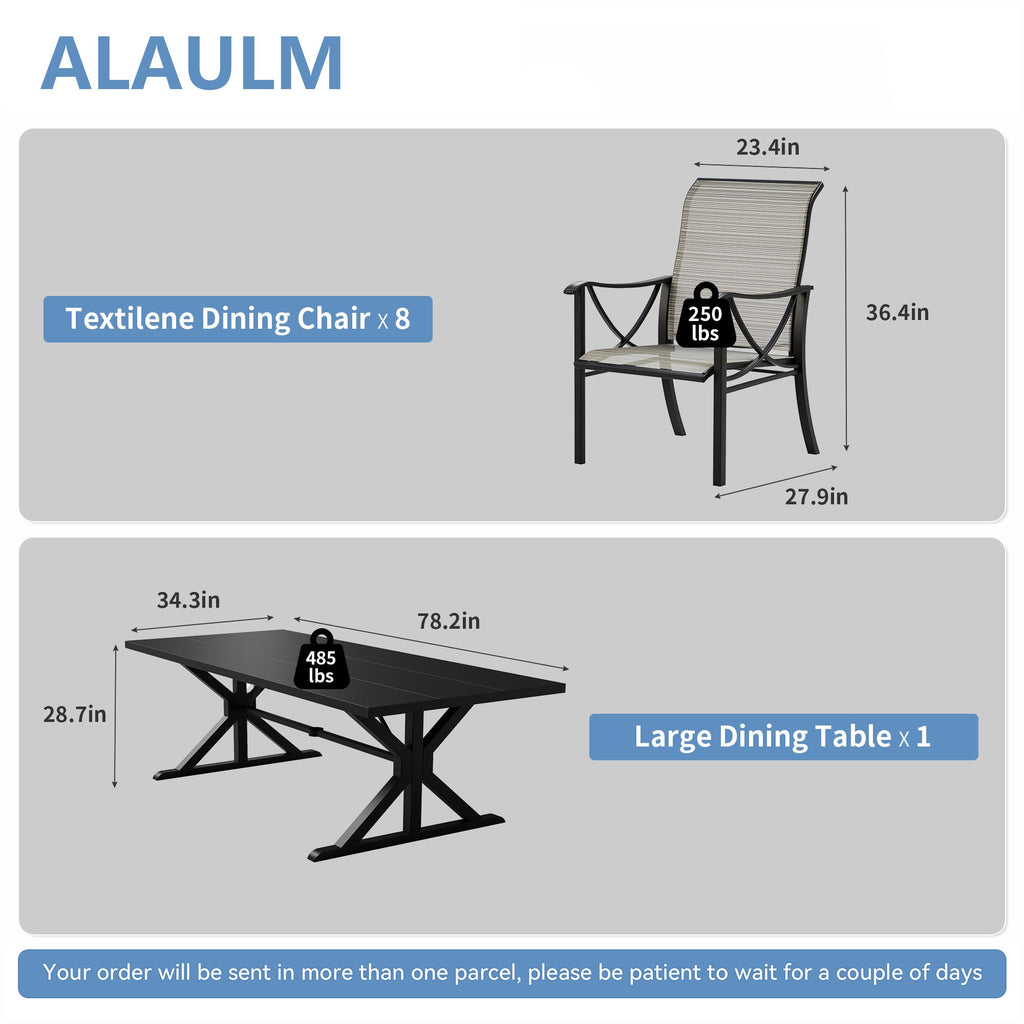 Gotland 9 Piece Outdoor Dining Set, Metal Outdoor table with Spider Legs, Patio Furniture Set with 6 Single Chair and 2 Teslin Swivel Chairs, Patio Dining Sets for Backyard Deck Brown
