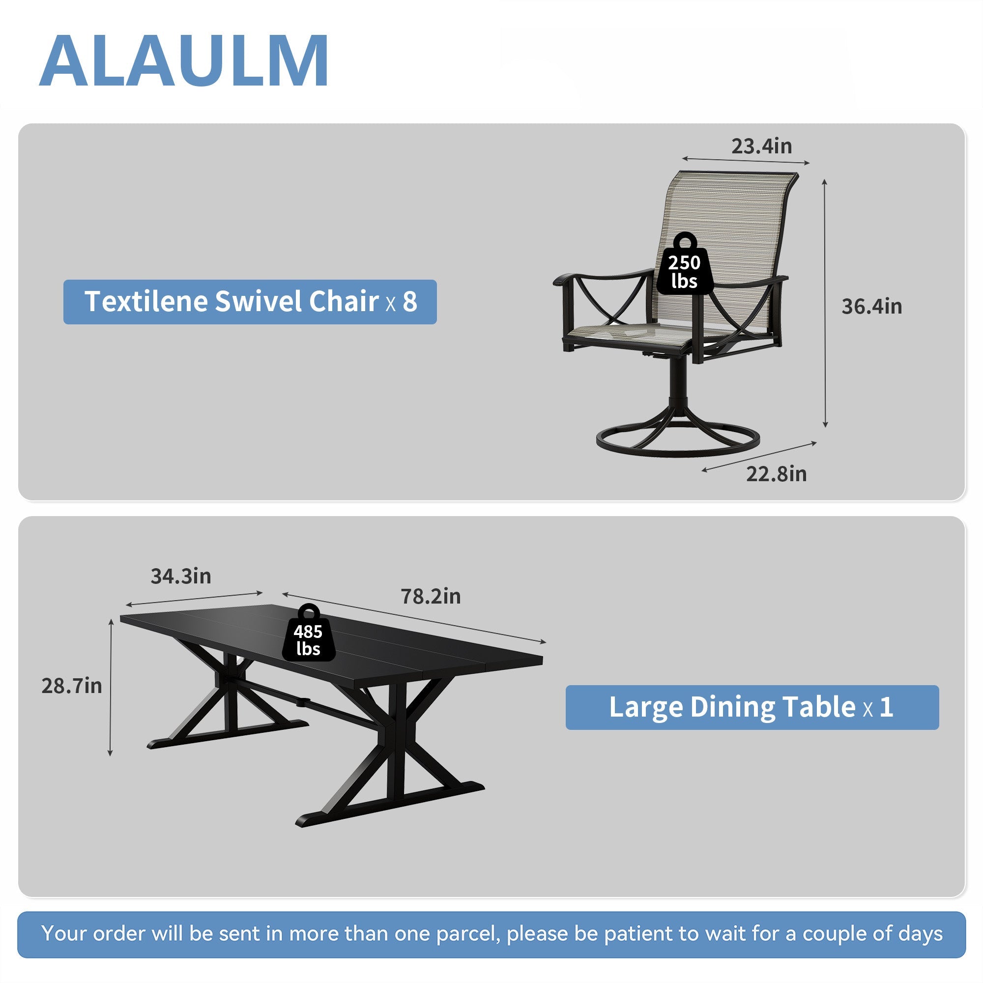 Gotland 9 Piece Outdoor Dining Set, Metal Outdoor table with Spider Legs, Patio Furniture Set with 6 Single Chair and 2 Teslin Swivel Chairs, Patio Dining Sets for Backyard Deck Brown