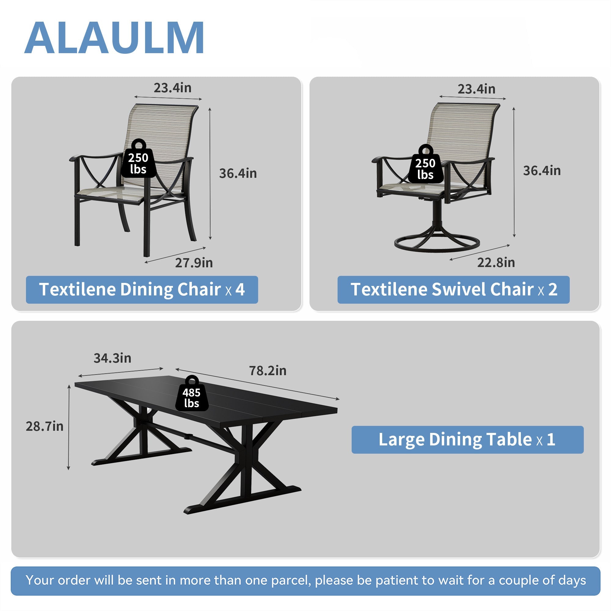 Gotland 7 Piece Outdoor Dining Set, Metal Outdoor table with Spider Legs, Patio Furniture Set with 4 Single Chair and 2 Teslin Swivel Chairs, Patio Dining Sets for Backyard Deck Brown