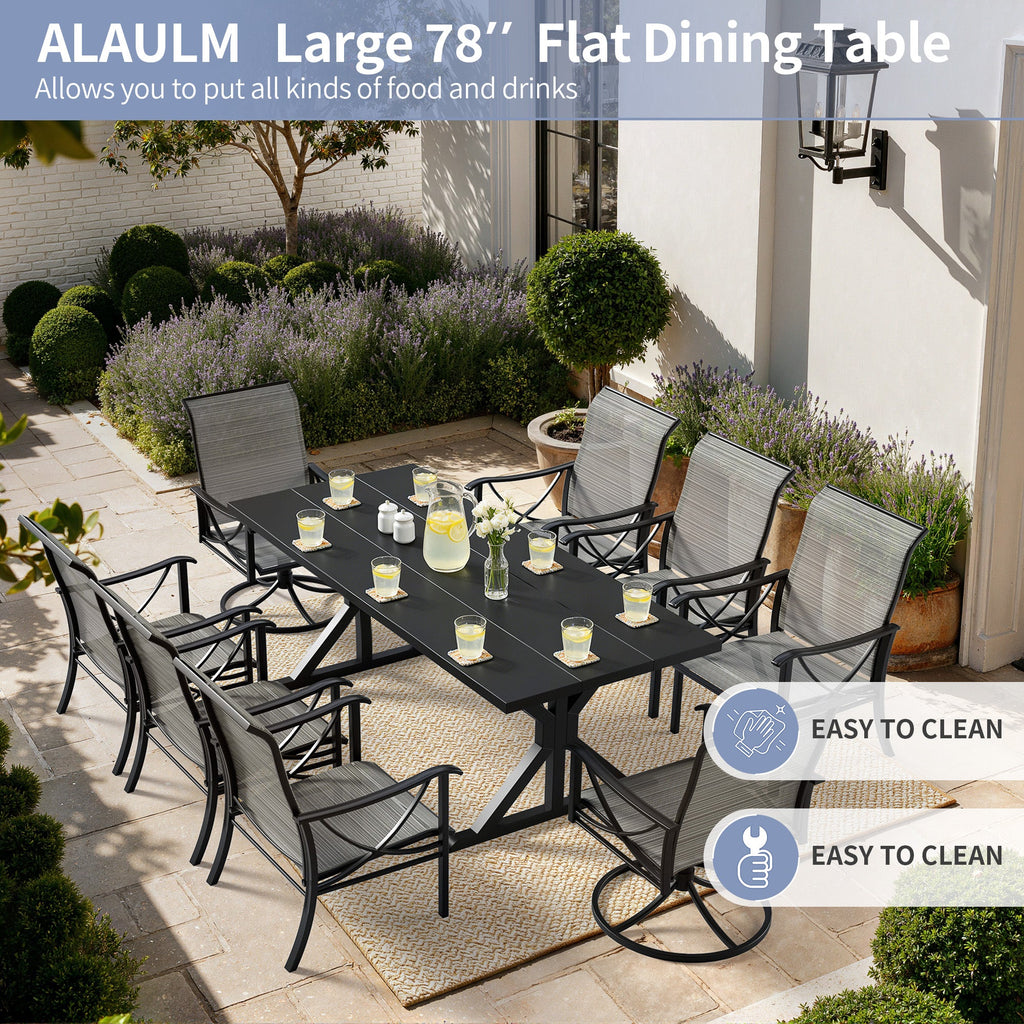 Gotland 9 Piece Outdoor Dining Set, Metal Outdoor table with Spider Legs, Patio Furniture Set with 6 Single Chair and 2 Teslin Swivel Chairs, Patio Dining Sets for Backyard Deck Brown