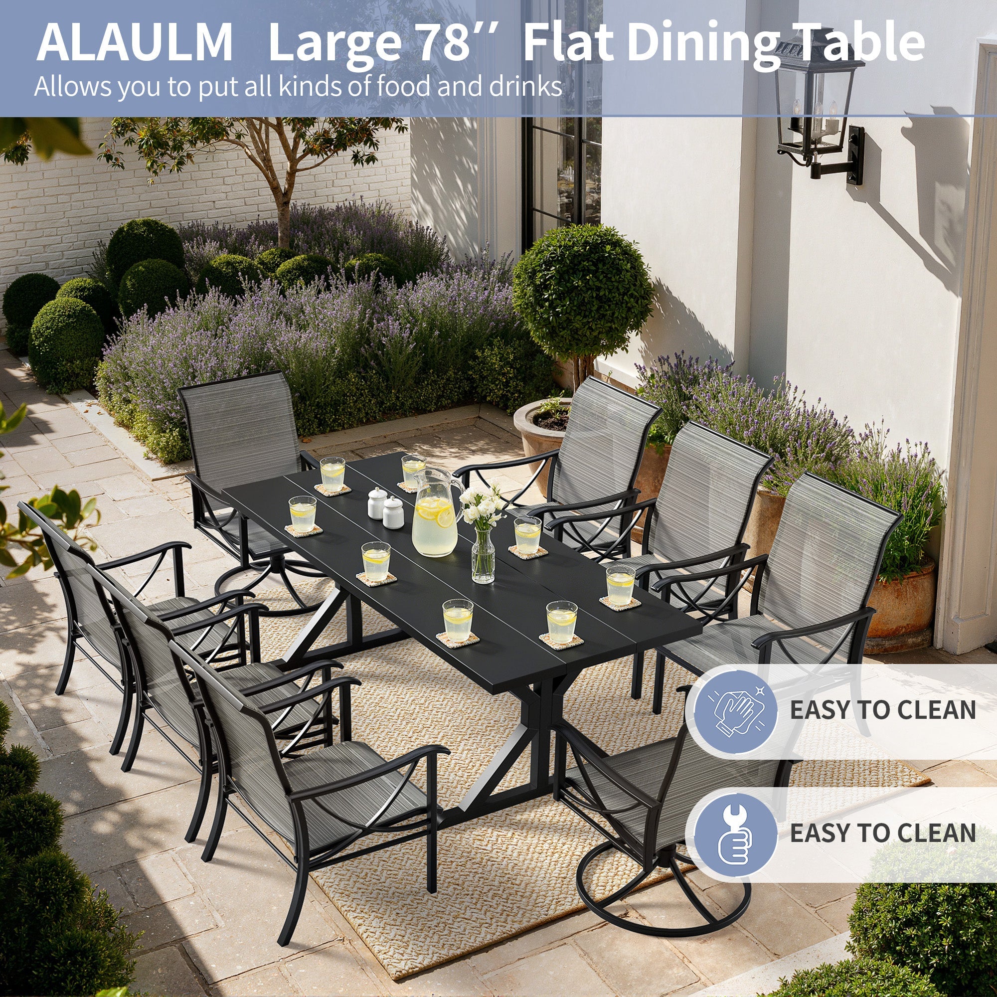 Gotland 9 Piece Outdoor Dining Set, Metal Outdoor table with Spider Legs, Patio Furniture Set with 6 Single Chair and 2 Teslin Swivel Chairs, Patio Dining Sets for Backyard Deck Brown