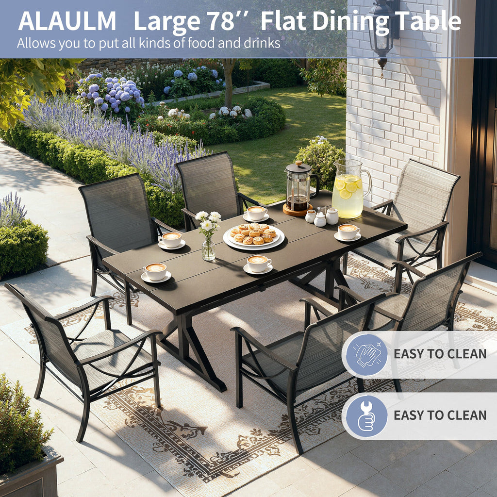 Gotland 7 Piece Outdoor Dining Set, Metal Outdoor table with Spider Legs, Patio Furniture Set with 4 Single Chair and 2 Teslin Swivel Chairs, Patio Dining Sets for Backyard Deck Brown