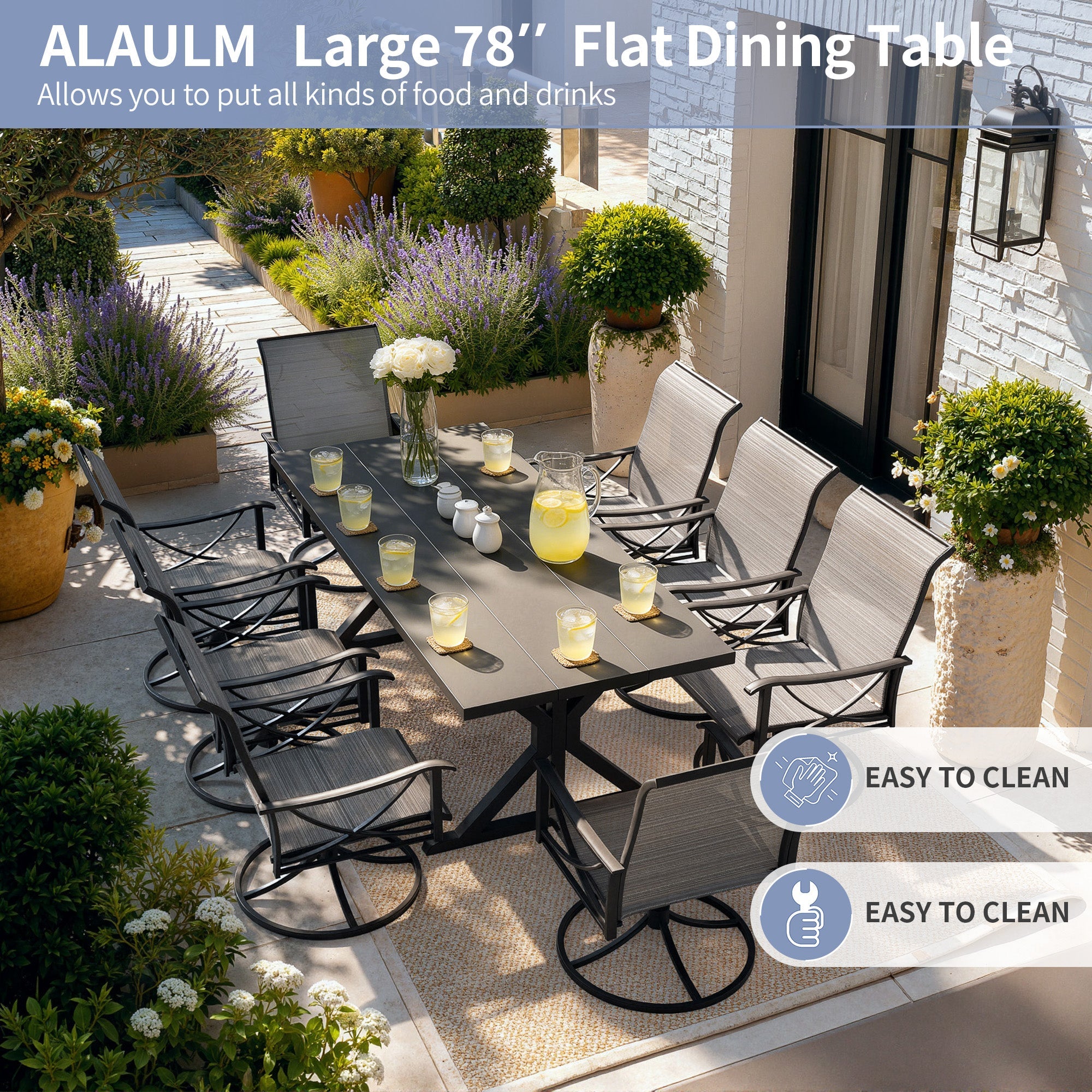 Gotland 9 Piece Outdoor Dining Set, Metal Outdoor table with Spider Legs, Patio Furniture Set with 6 Single Chair and 2 Teslin Swivel Chairs, Patio Dining Sets for Backyard Deck Brown
