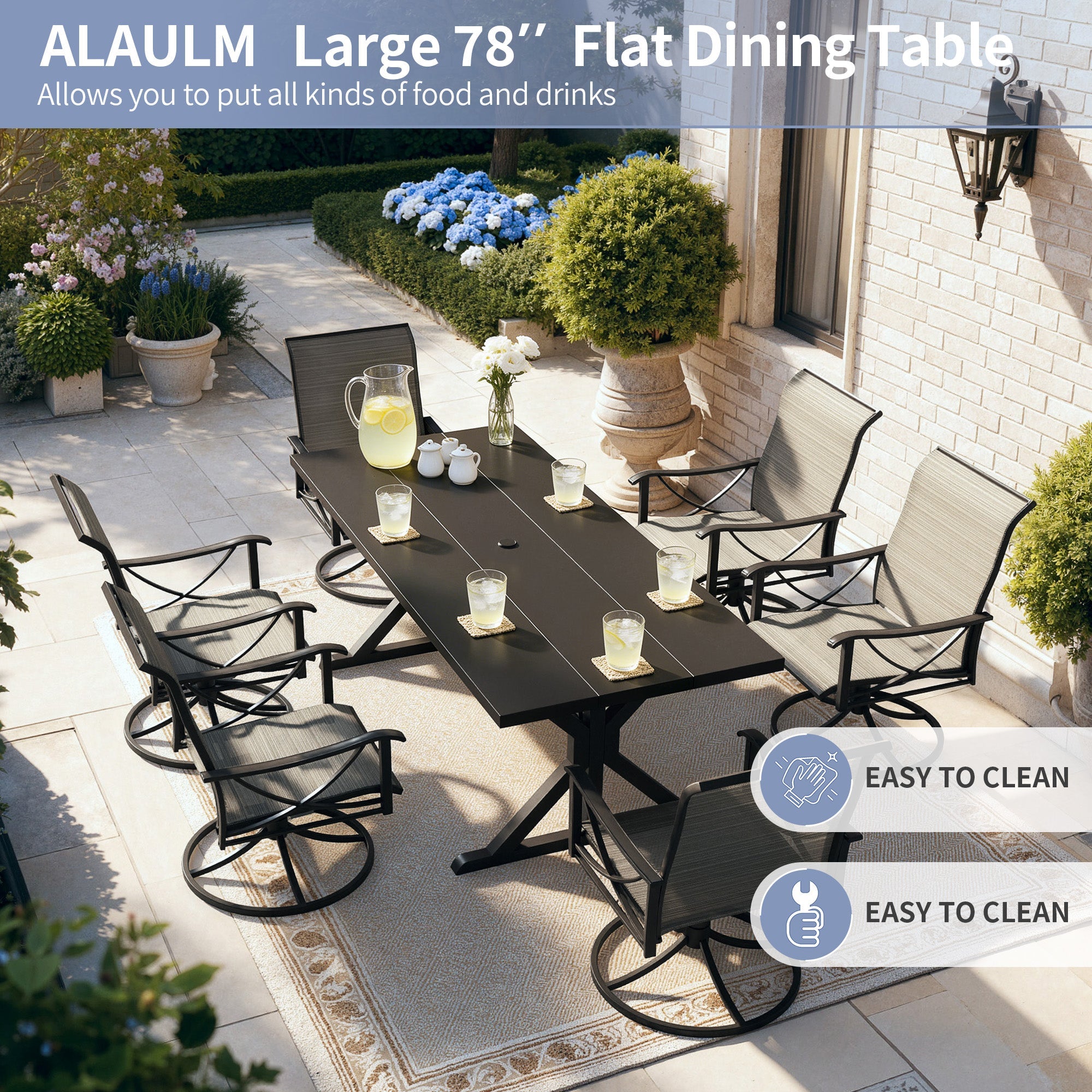 Gotland 7 Piece Outdoor Dining Set, Metal Outdoor table with Spider Legs, Patio Furniture Set with 4 Single Chair and 2 Teslin Swivel Chairs, Patio Dining Sets for Backyard Deck Brown