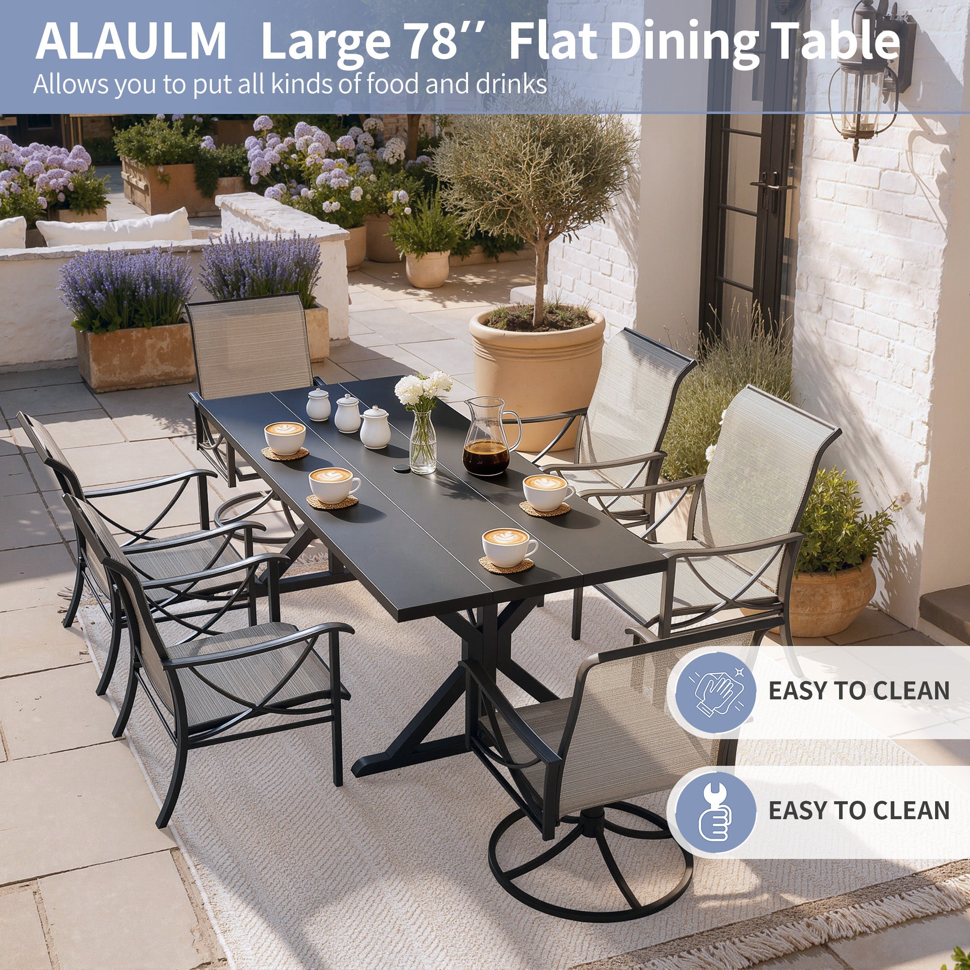 Gotland 7 Piece Outdoor Dining Set, Metal Outdoor table with Spider Legs, Patio Furniture Set with 4 Single Chair and 2 Teslin Swivel Chairs, Patio Dining Sets for Backyard Deck Brown