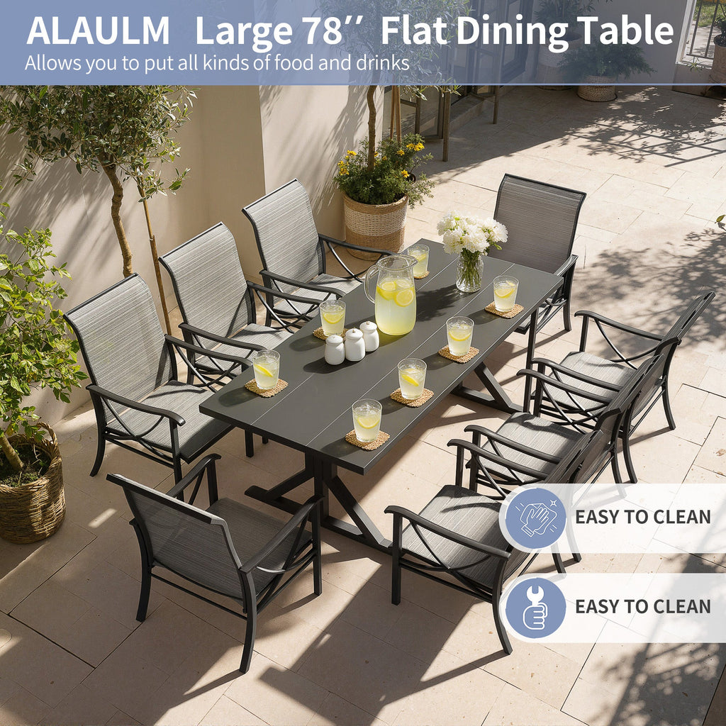 Gotland 9 Piece Outdoor Dining Set, Metal Outdoor table with Spider Legs, Patio Furniture Set with 6 Single Chair and 2 Teslin Swivel Chairs, Patio Dining Sets for Backyard Deck Brown