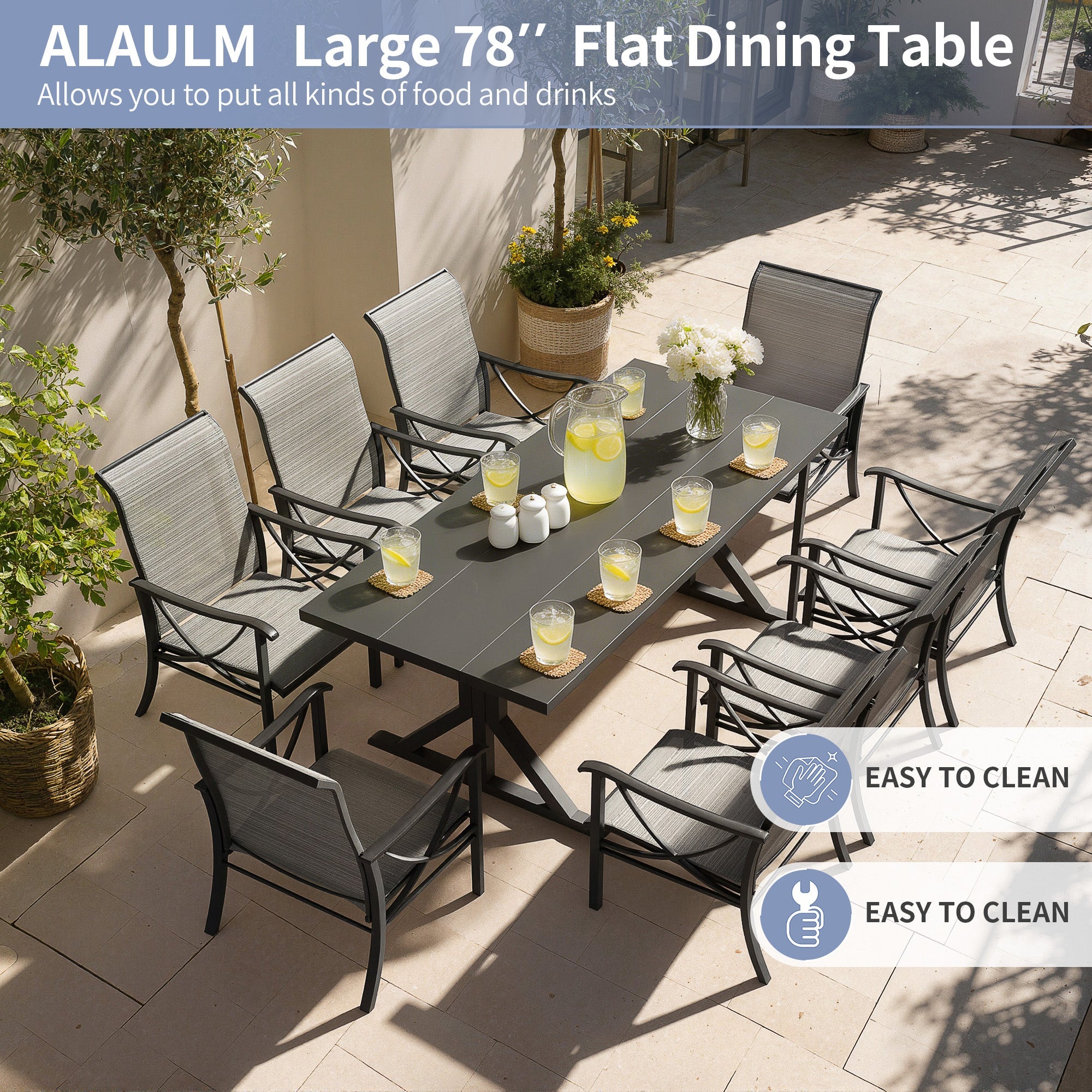 Gotland 9 Piece Outdoor Dining Set, Metal Outdoor table with Spider Legs, Patio Furniture Set with 6 Single Chair and 2 Teslin Swivel Chairs, Patio Dining Sets for Backyard Deck Brown