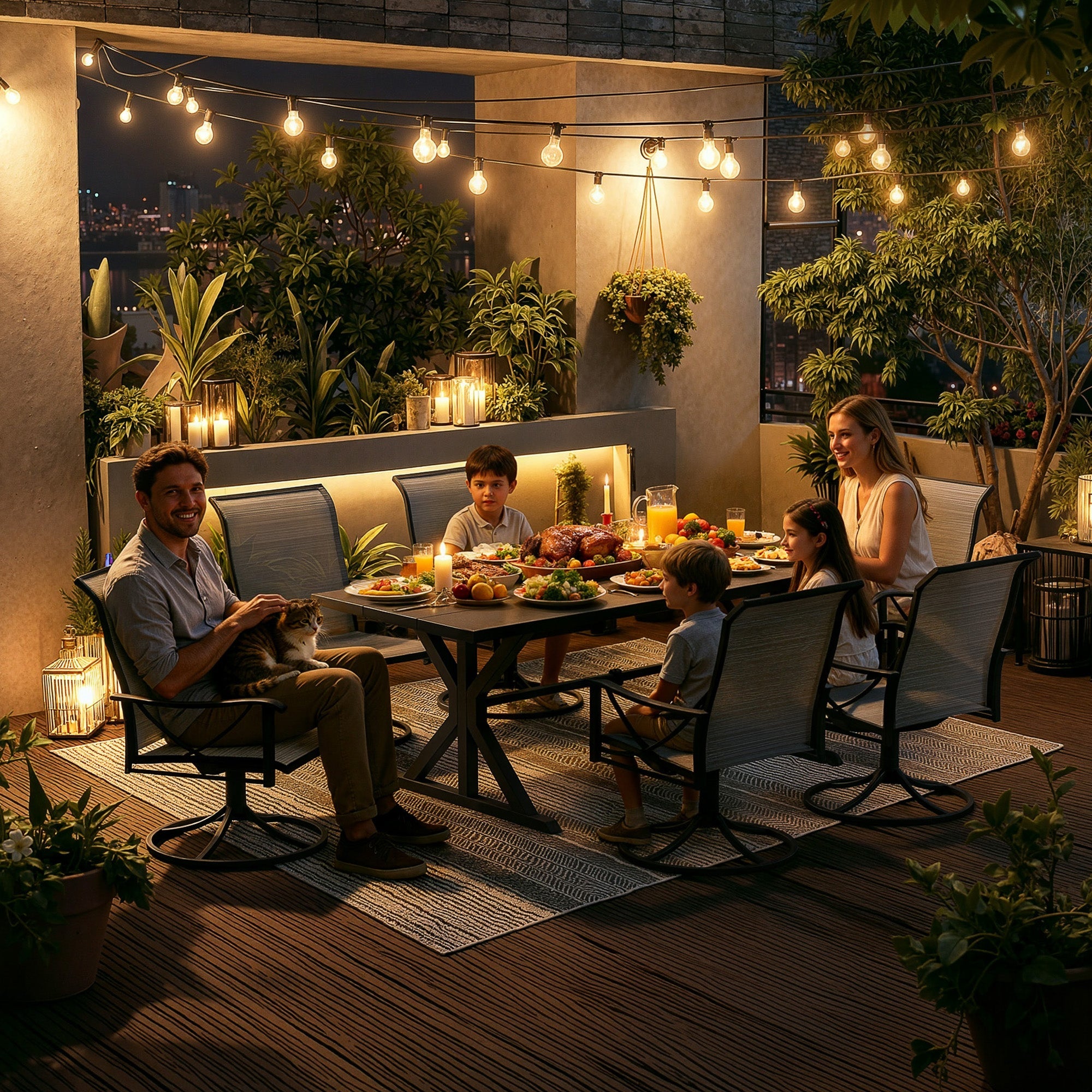 Gotland 7 Piece Outdoor Dining Set, Metal Outdoor table with Spider Legs, Patio Furniture Set with 4 Single Chair and 2 Teslin Swivel Chairs, Patio Dining Sets for Backyard Deck Brown