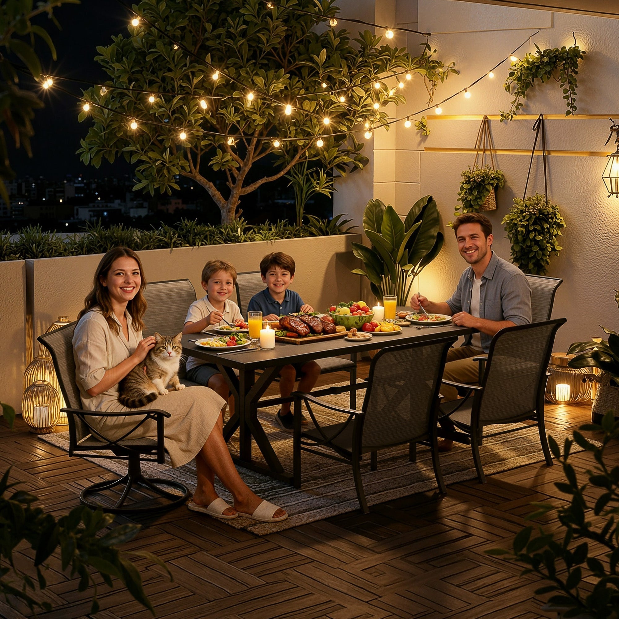 Gotland 7 Piece Outdoor Dining Set, Metal Outdoor table with Spider Legs, Patio Furniture Set with 4 Single Chair and 2 Teslin Swivel Chairs, Patio Dining Sets for Backyard Deck Brown