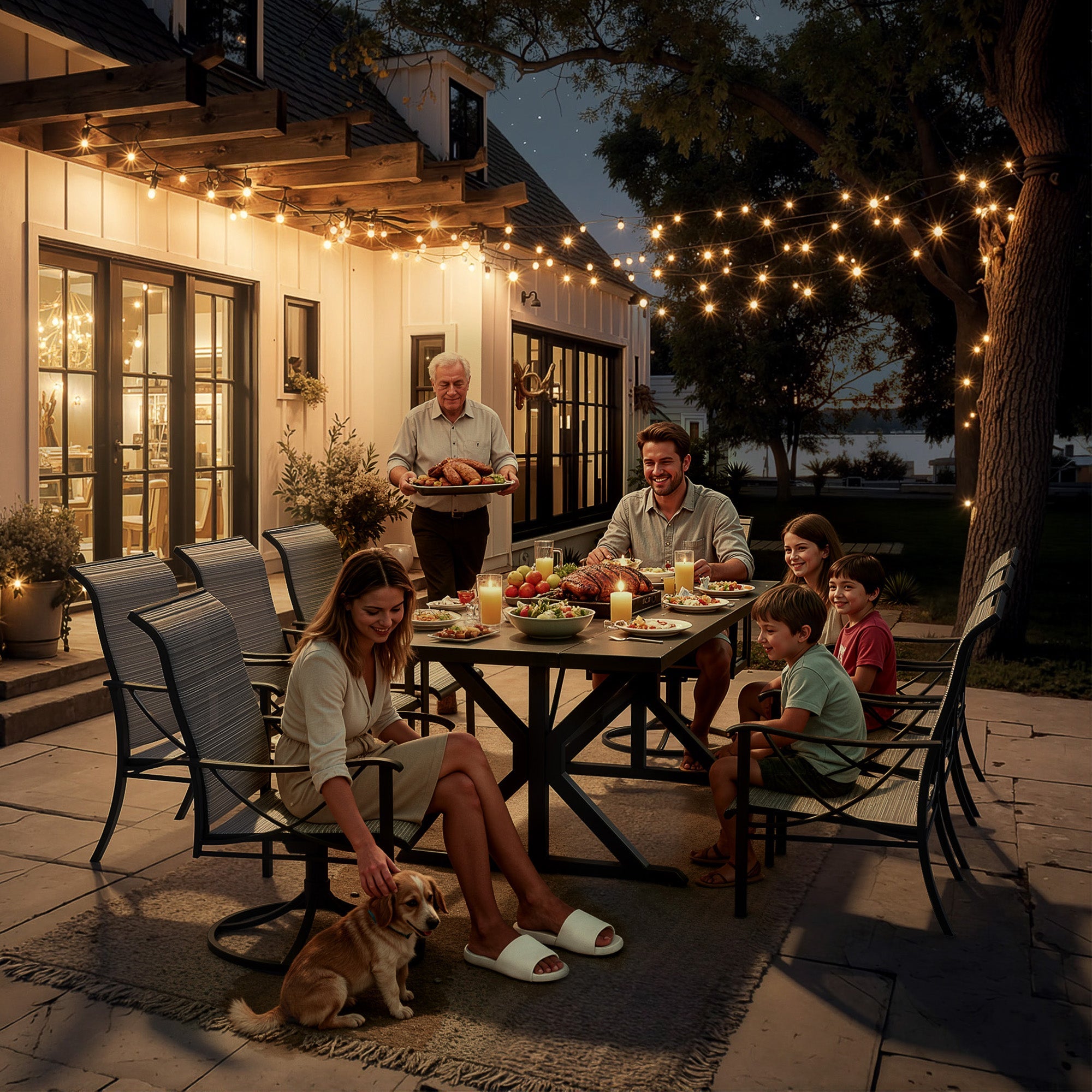 Gotland 9 Piece Outdoor Dining Set, Metal Outdoor table with Spider Legs, Patio Furniture Set with 6 Single Chair and 2 Teslin Swivel Chairs, Patio Dining Sets for Backyard Deck Brown