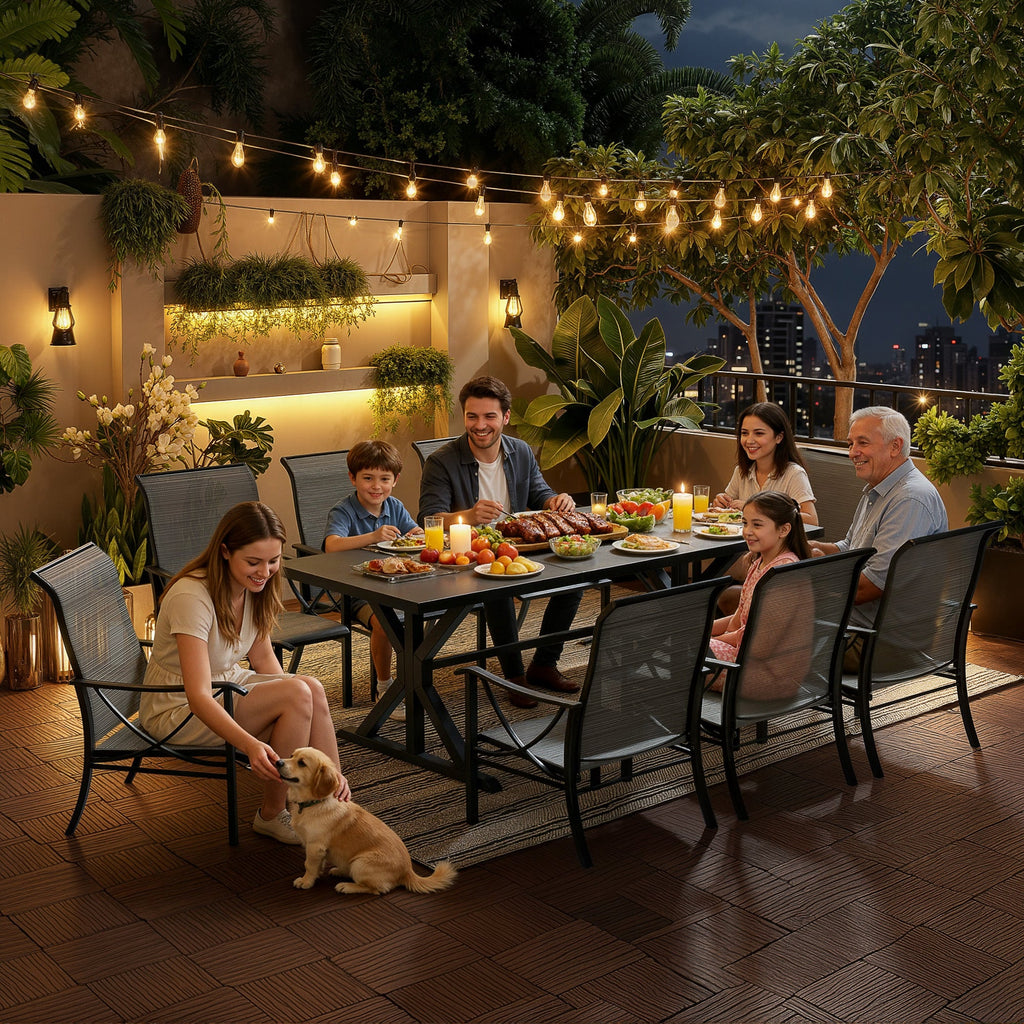 Gotland 9 Piece Outdoor Dining Set, Metal Outdoor table with Spider Legs, Patio Furniture Set with 6 Single Chair and 2 Teslin Swivel Chairs, Patio Dining Sets for Backyard Deck Brown