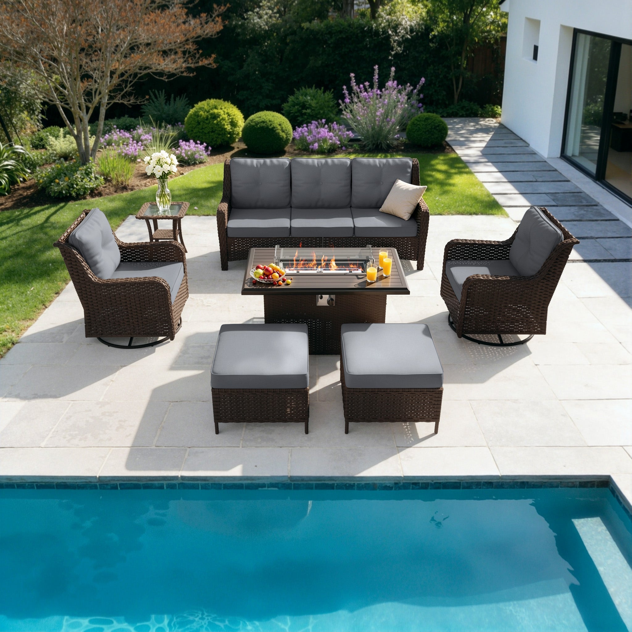 Gotland 7-Piece Outdoor Patio Furniture Set, 3-Seat Sofa, 2 Wicker Swivel Chairs, coffee Table, 2 Ottomans & Wicker Fire Pit Table, All-Weather Outdoor Set