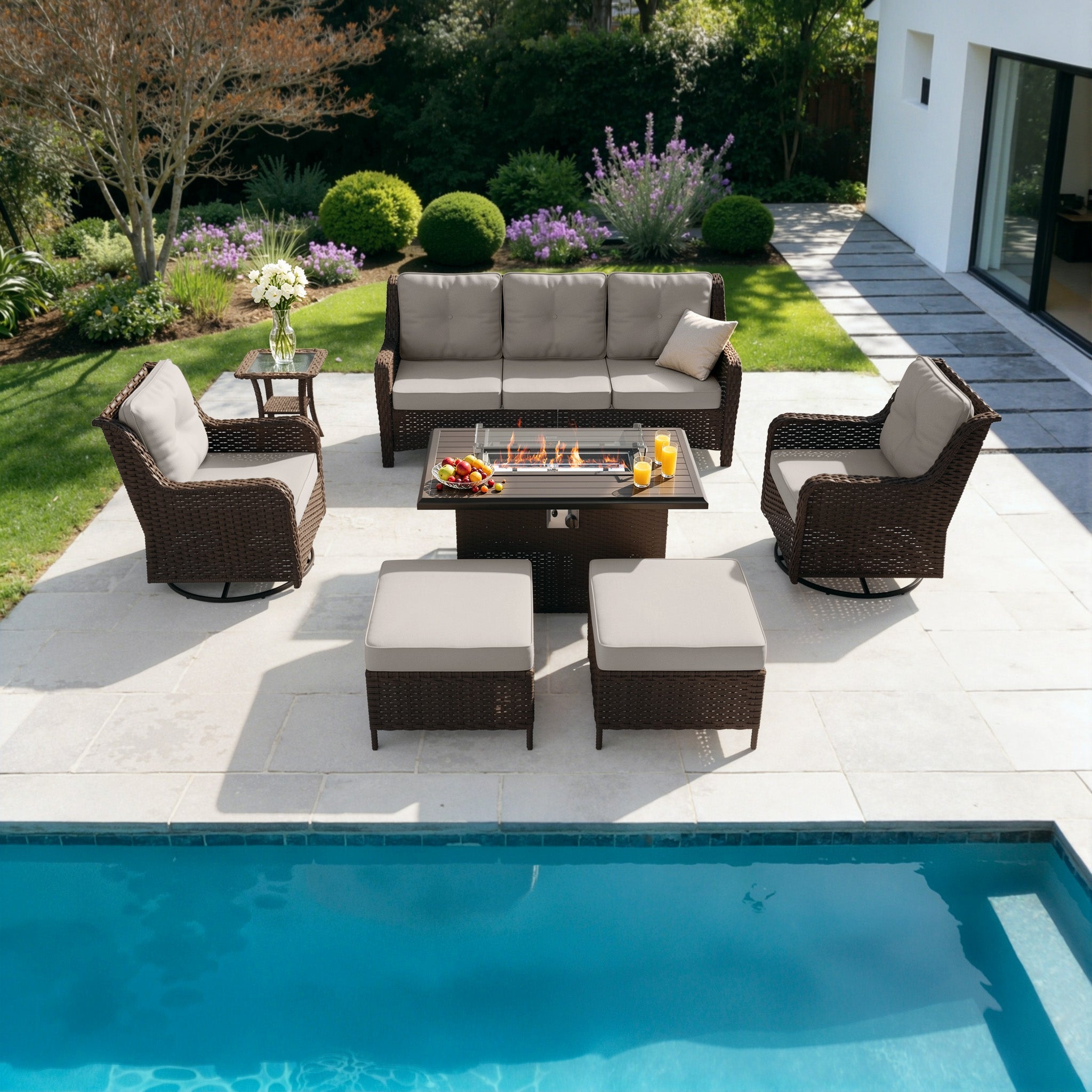 Gotland 7-Piece Outdoor Patio Furniture Set, 3-Seat Sofa, 2 Wicker Swivel Chairs, coffee Table, 2 Ottomans & Wicker Fire Pit Table, All-Weather Outdoor Set