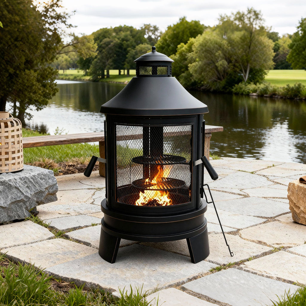 ALAULM Metal Chiminea Fire Pit with Grill, 2 in 1 Firepit with Adjustable Grill Tray & Mesh Spark Screen Door, 3-Door Multi-Access Fireplace for Patio, Garden & Backyard