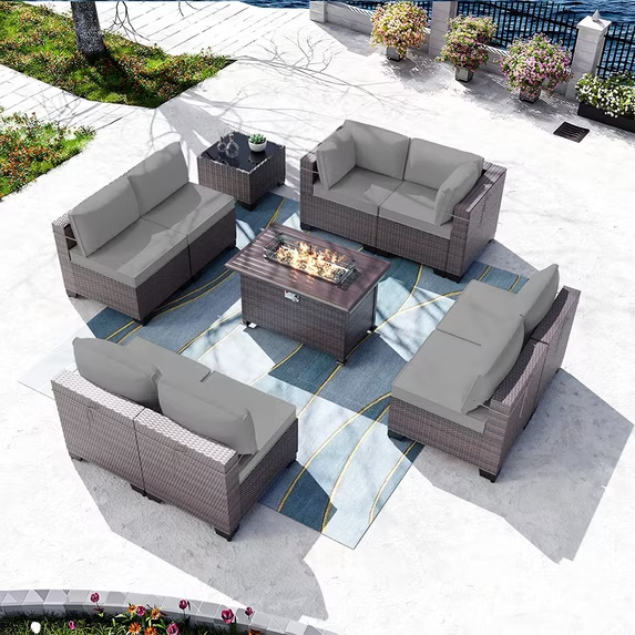 Gotland Outdoor Patio PE Rattan Wicker Furniture Set with 43" Propane Fire Pit Table 10 Pieces Steel