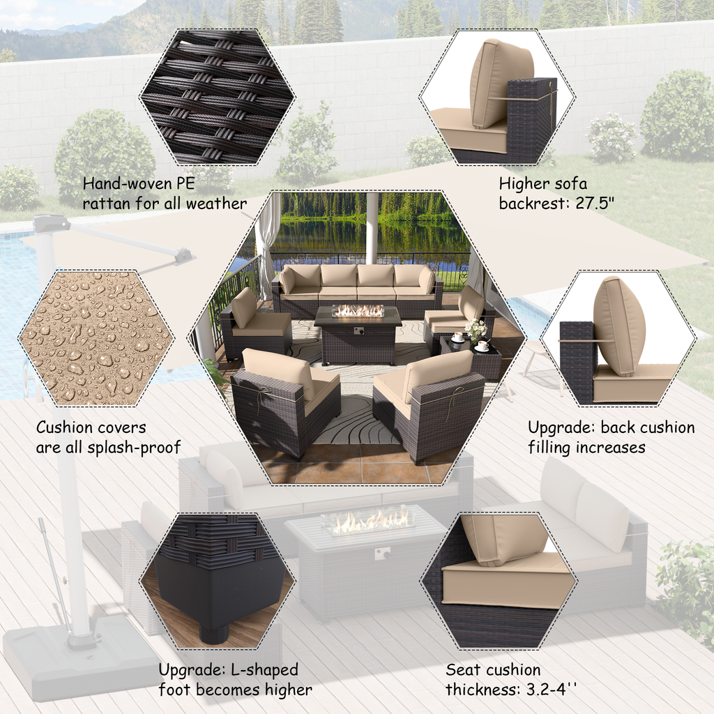 13 Pieces Outdoor Patio Furniture Set,Outdoor Sectional Furniture with 43" 55000 BTU Gas Propane Fire Pit Table,PE Rattan Wicker Patio Conversation Set,Swivel Rocking Chairs Set