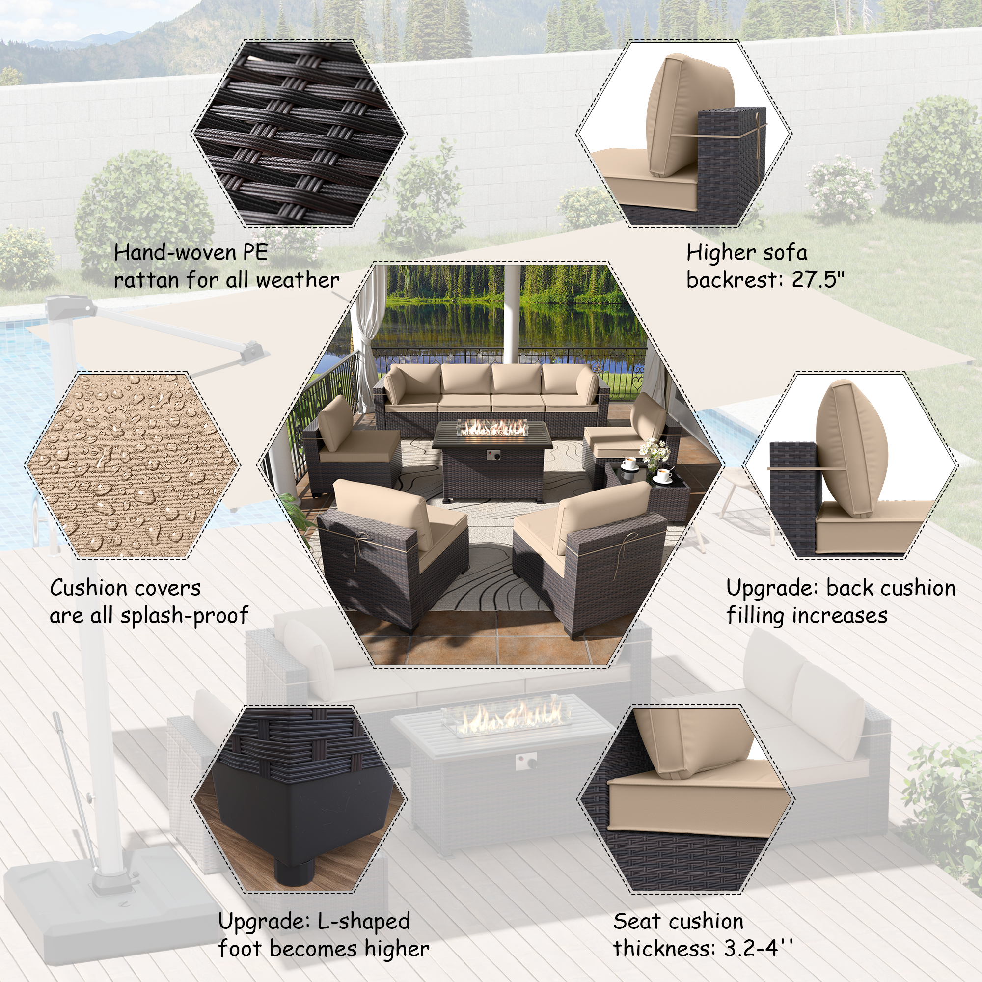 13 Pieces Outdoor Patio Furniture Set,Outdoor Sectional Furniture with 43" 55000 BTU Gas Propane Fire Pit Table,PE Rattan Wicker Patio Conversation Set,Swivel Rocking Chairs Set