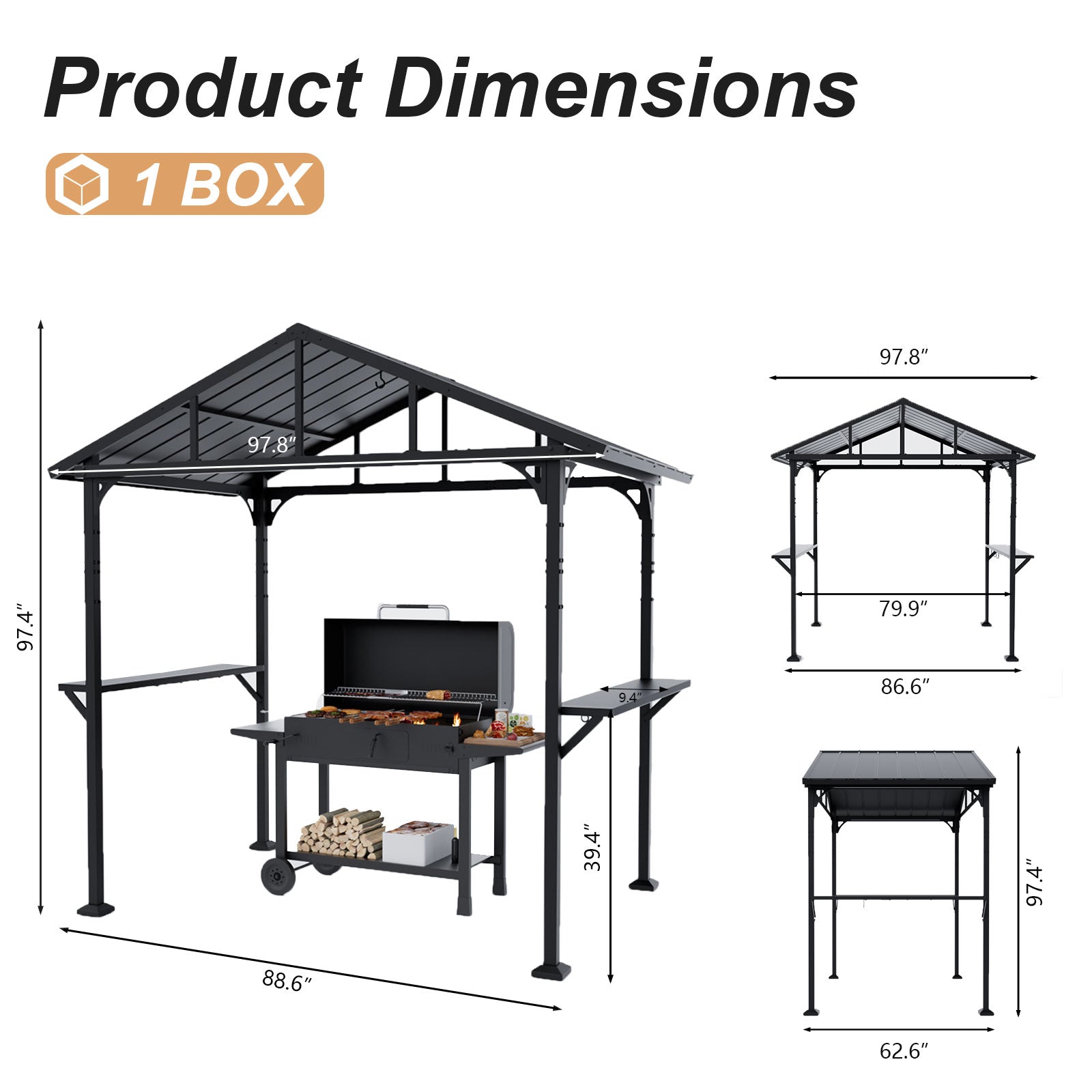 ALAULM 8'x5' Hardtop Grill Gazebo, Outdoor BBQ Canopy with 19" Smokeless Stove, Metal Roof, 2 Side Shelves & 5 Tool Hooks, Fire Pit Includes Waterproof Cover & Fire Poker, for Patio, Black