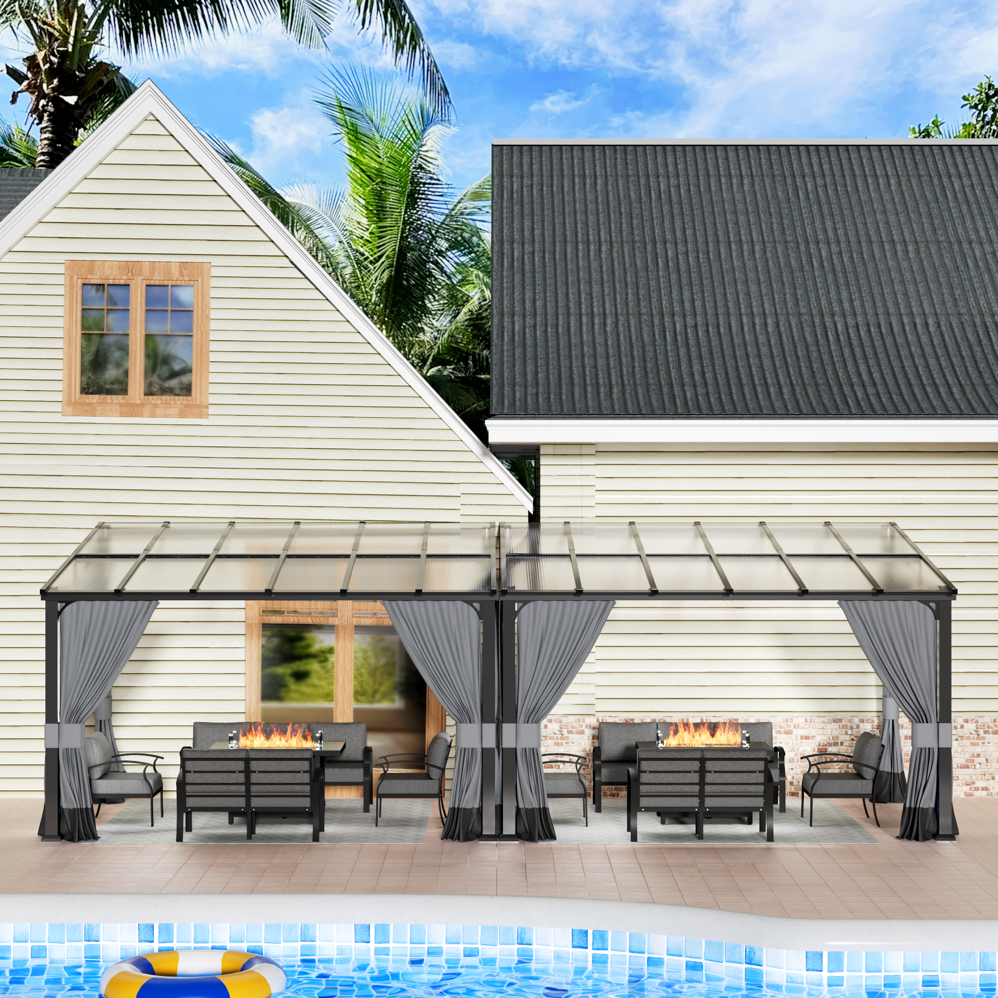 ASJMR Wall Mounted Gazebo with Polycarbonate Roof,Metal Frame Lean to Gazebo With Double Curtains for Garden Lawn Backyard Deck