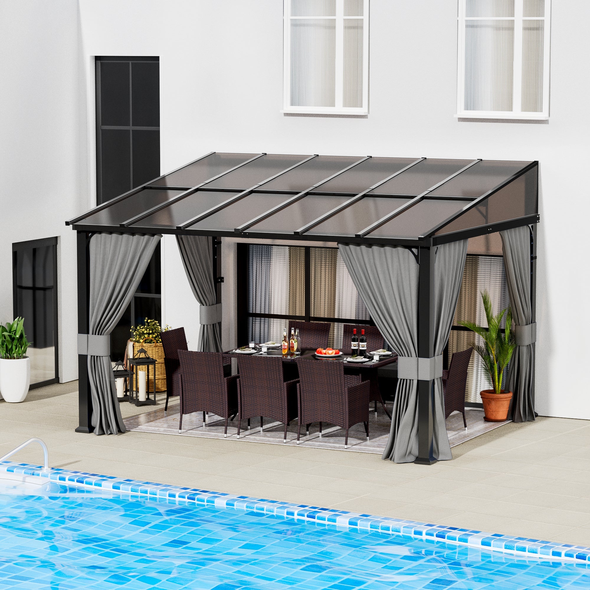 ASJMR Wall Mounted Gazebo with Polycarbonate Roof,Metal Frame Lean to Gazebo With Double Curtains for Garden Lawn Backyard Deck