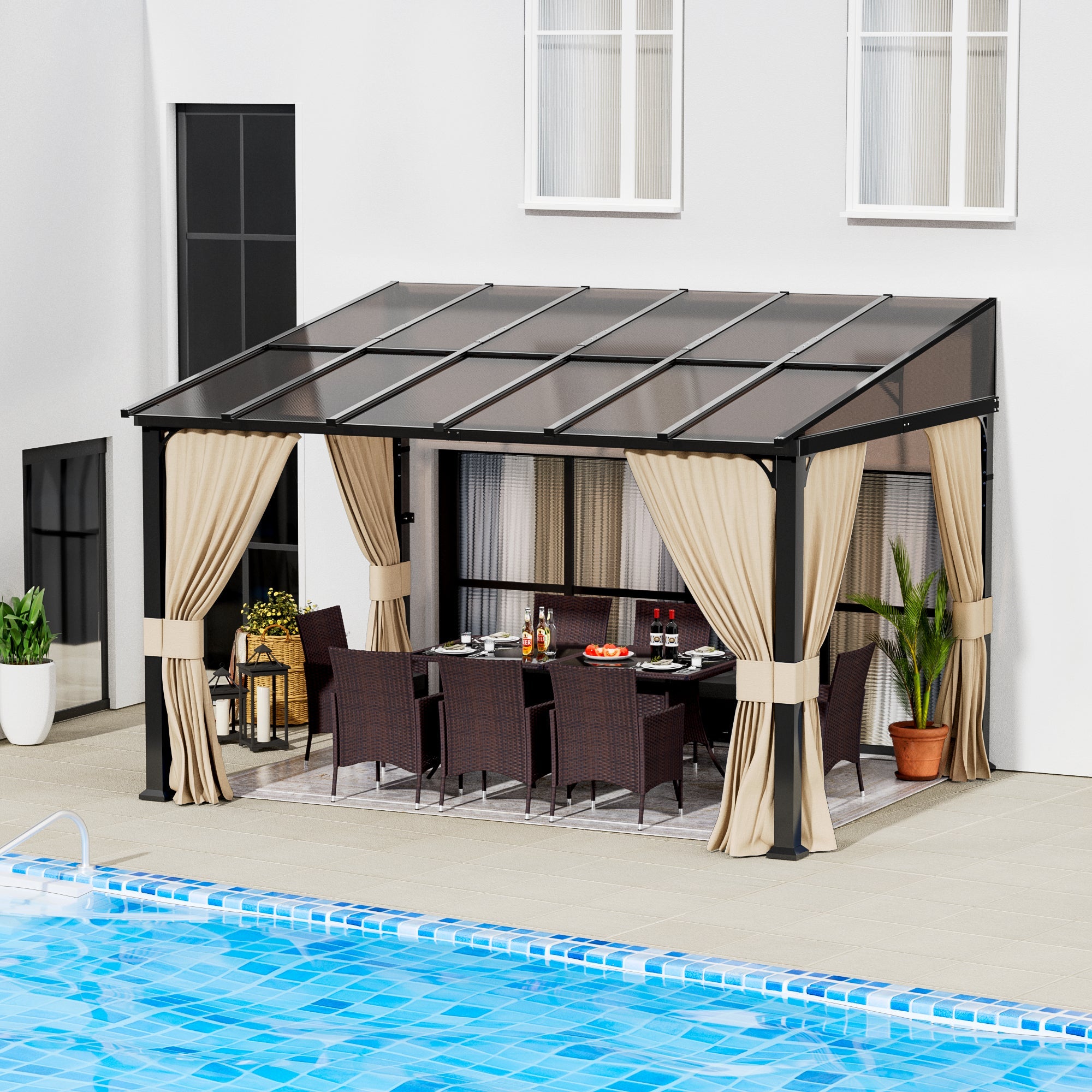ASJMR Wall Mounted Gazebo with Polycarbonate Roof,Metal Frame Lean to Gazebo With Double Curtains for Garden Lawn Backyard Deck