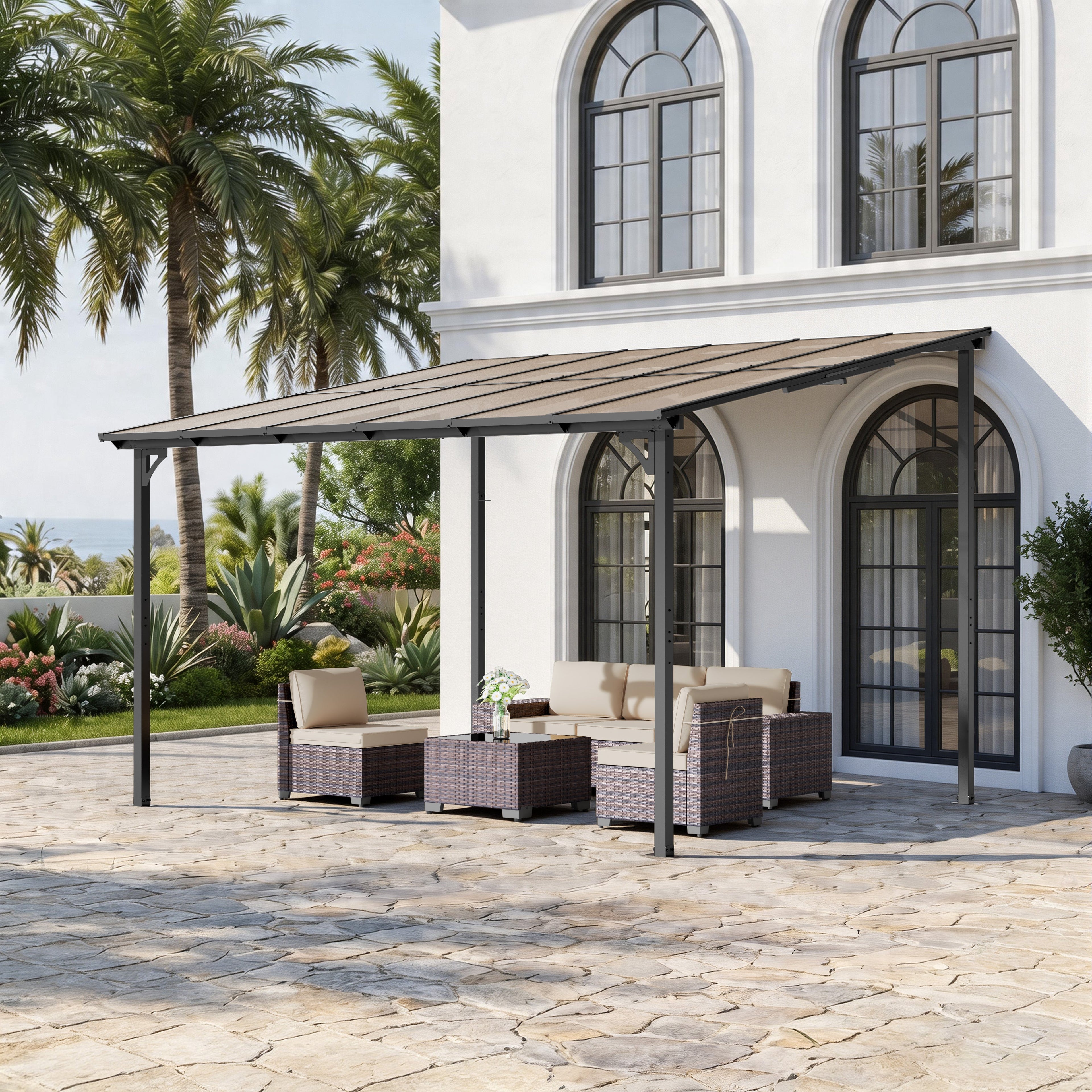 ASJMR Wall Mounted Gazebo with Polycarbonate Roof,Metal Frame Lean to Gazebo With Double Curtains for Garden Lawn Backyard Deck