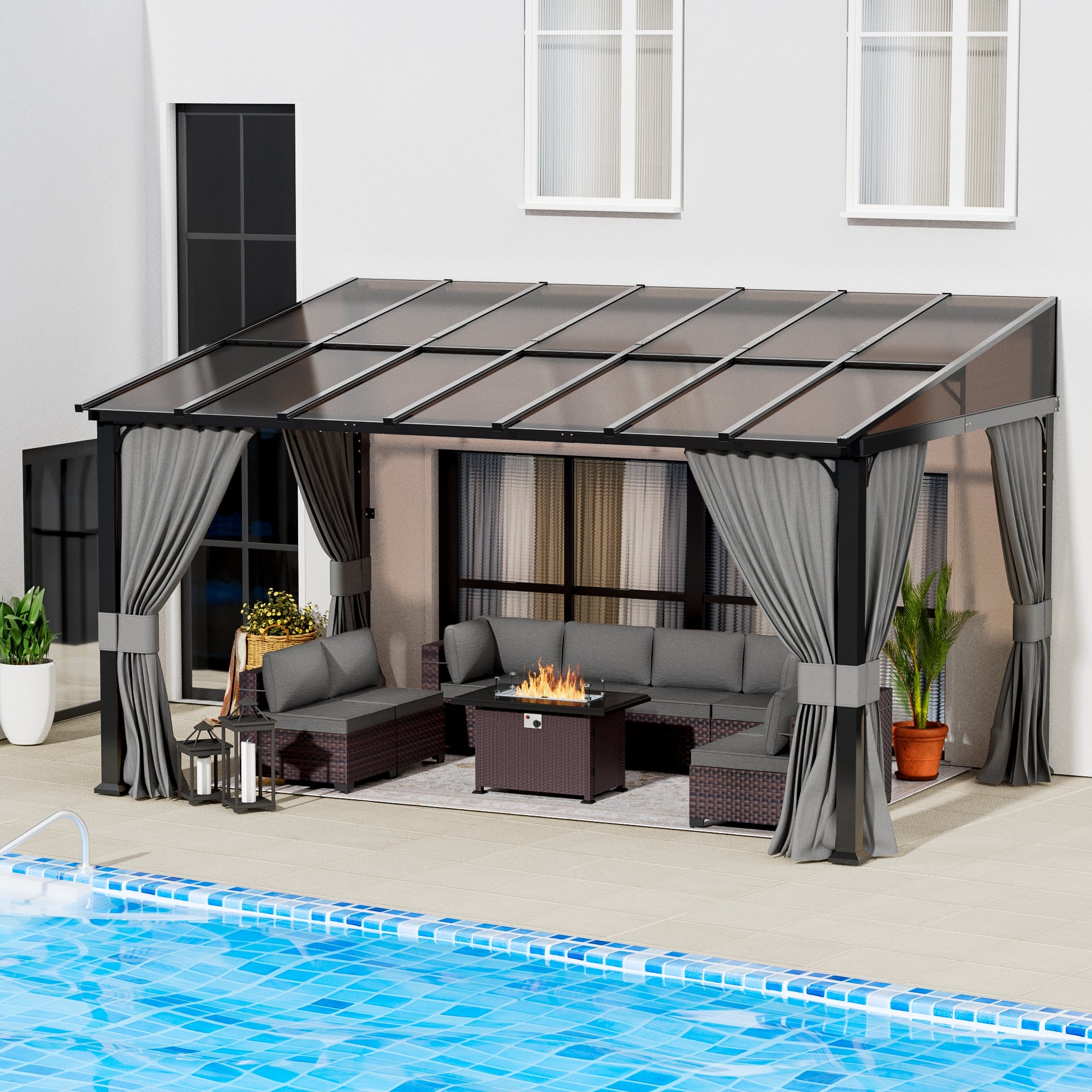 ASJMR Wall Mounted Gazebo with Polycarbonate Roof,Metal Frame Lean to Gazebo With Double Curtains for Garden Lawn Backyard Deck