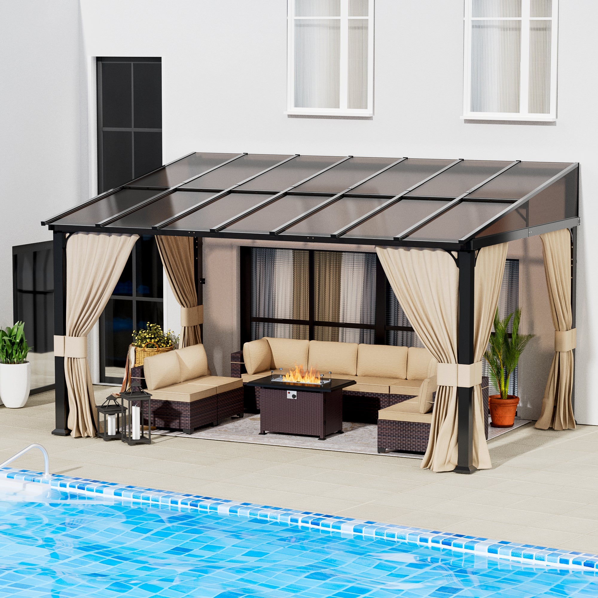 ASJMR Wall Mounted Gazebo with Polycarbonate Roof,Metal Frame Lean to Gazebo With Double Curtains for Garden Lawn Backyard Deck