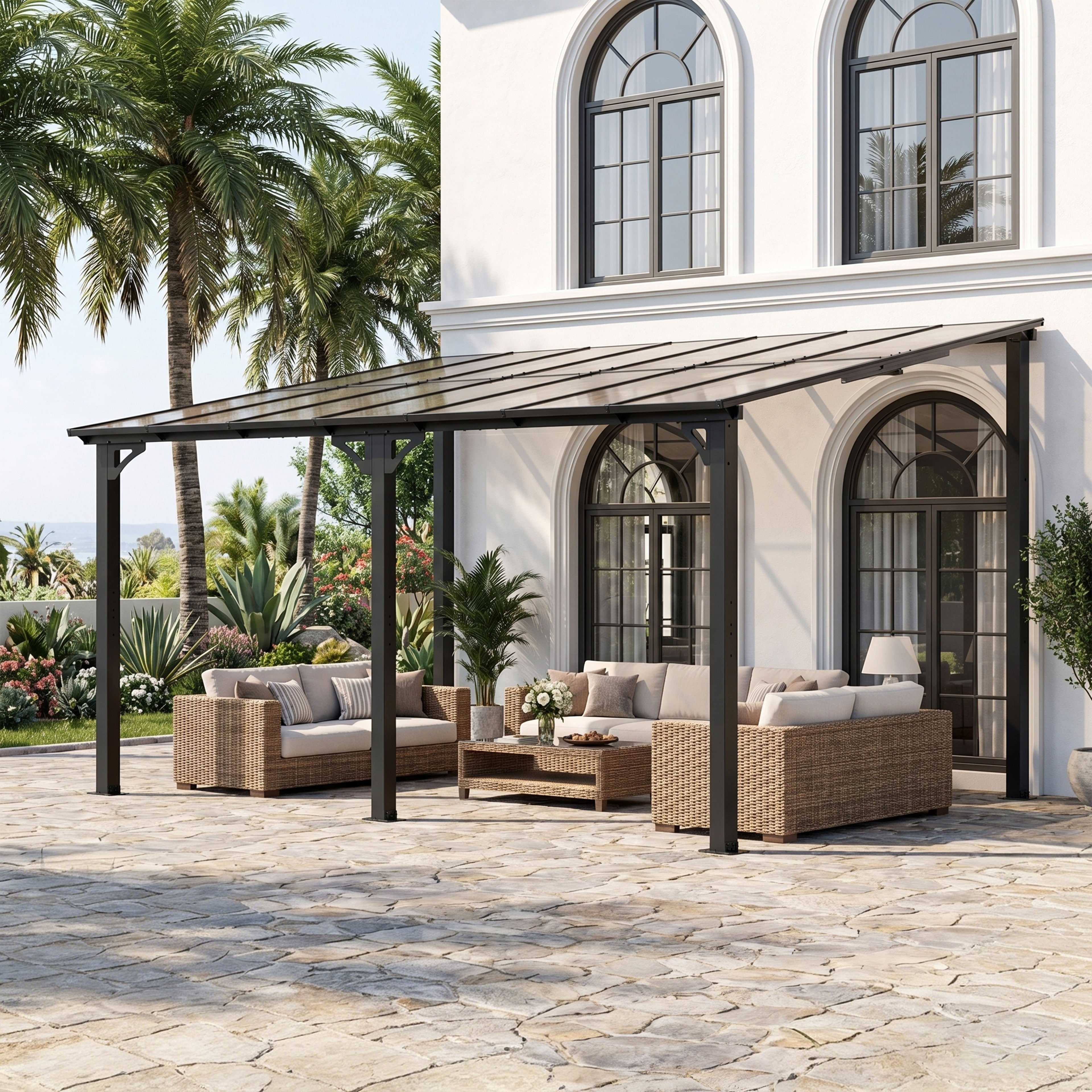 ASJMR Wall Mounted Gazebo with Polycarbonate Roof,Metal Frame Lean to Gazebo With Double Curtains for Garden Lawn Backyard Deck
