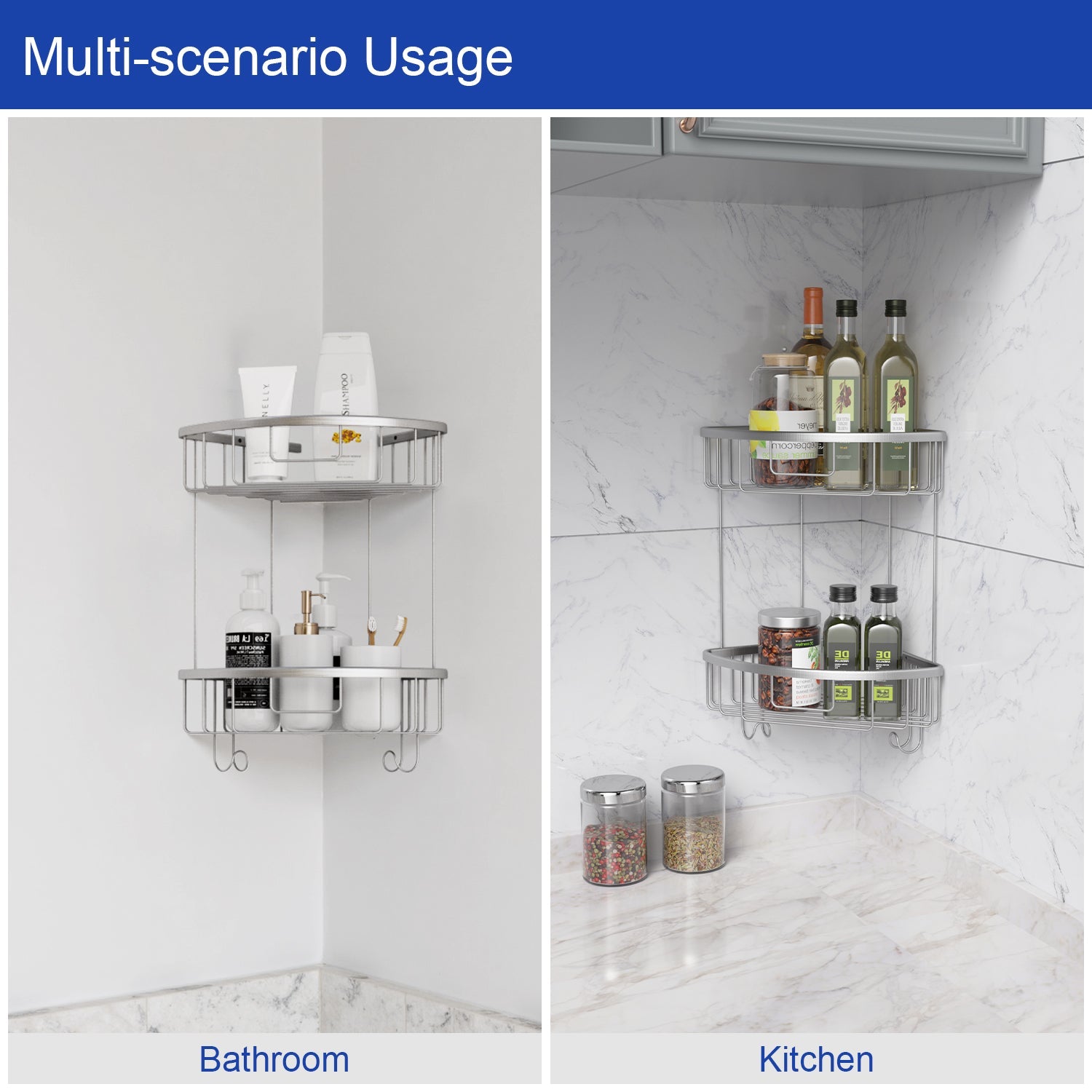 ALAULM Aluminum Alloy Wall-Mounted Shower Corner Rack Triangular Storage Caddy for Bathroom,Matte Silver