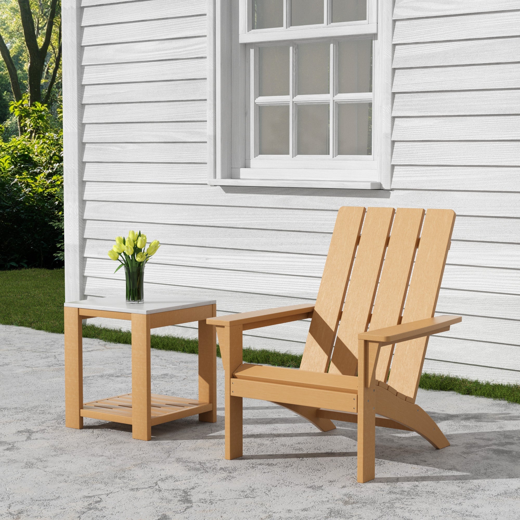 ALAULM 9PCS Adirondack Chair Set & 19" Smokeless Stove, Outdoor HDPE All-Weather Chairs with Marble Top Side Table, Fire Pit Comes with Waterproof Cover and Fire Poker, for Patio Garden, Brown
