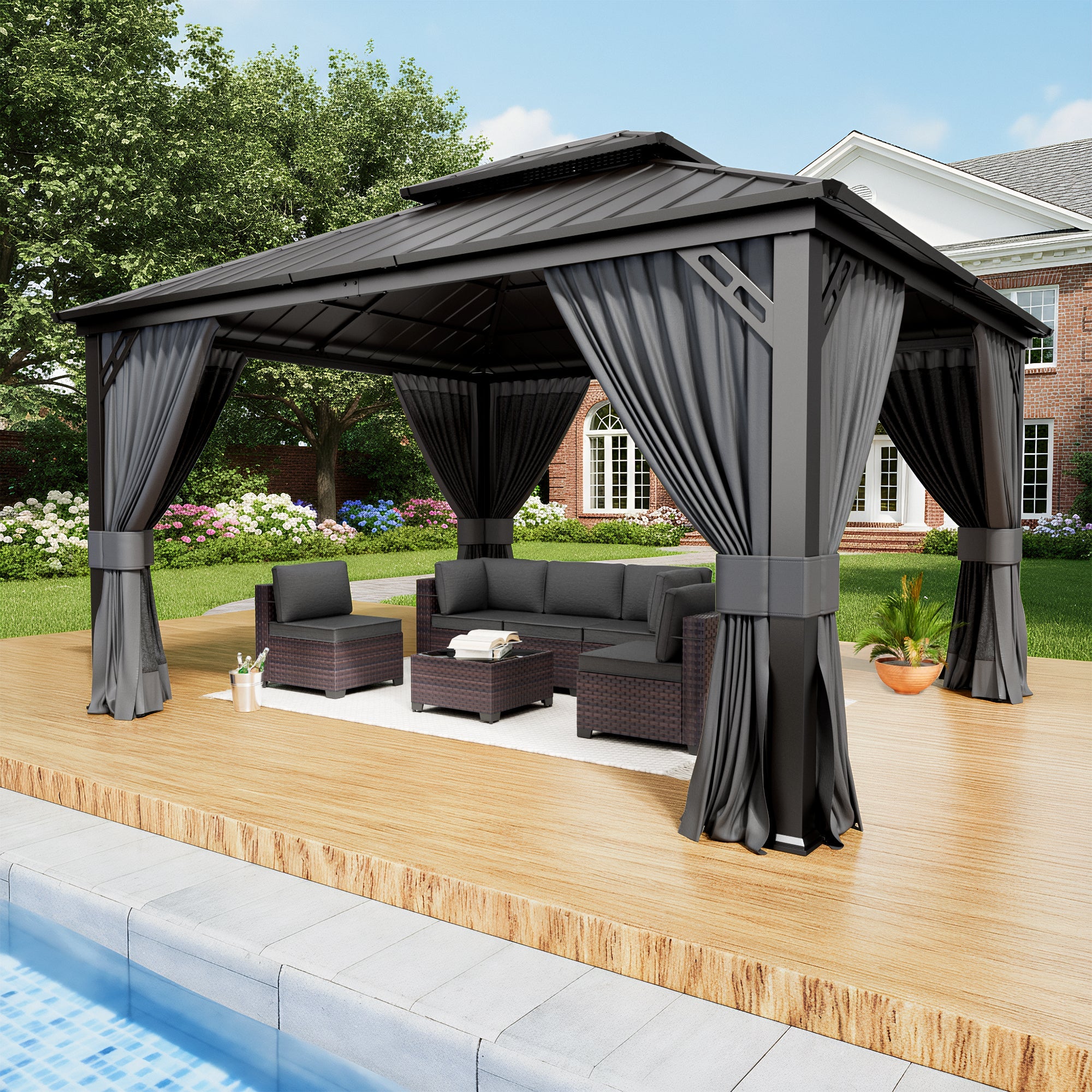 Kullavik Hardtop Gazebo for Patio,Wall-Mounted Lean to Gazebo Pergola with Sloping Roof and Durable Aluminum Frame, Large Heavy Duty Awnings for Decks,Backyard