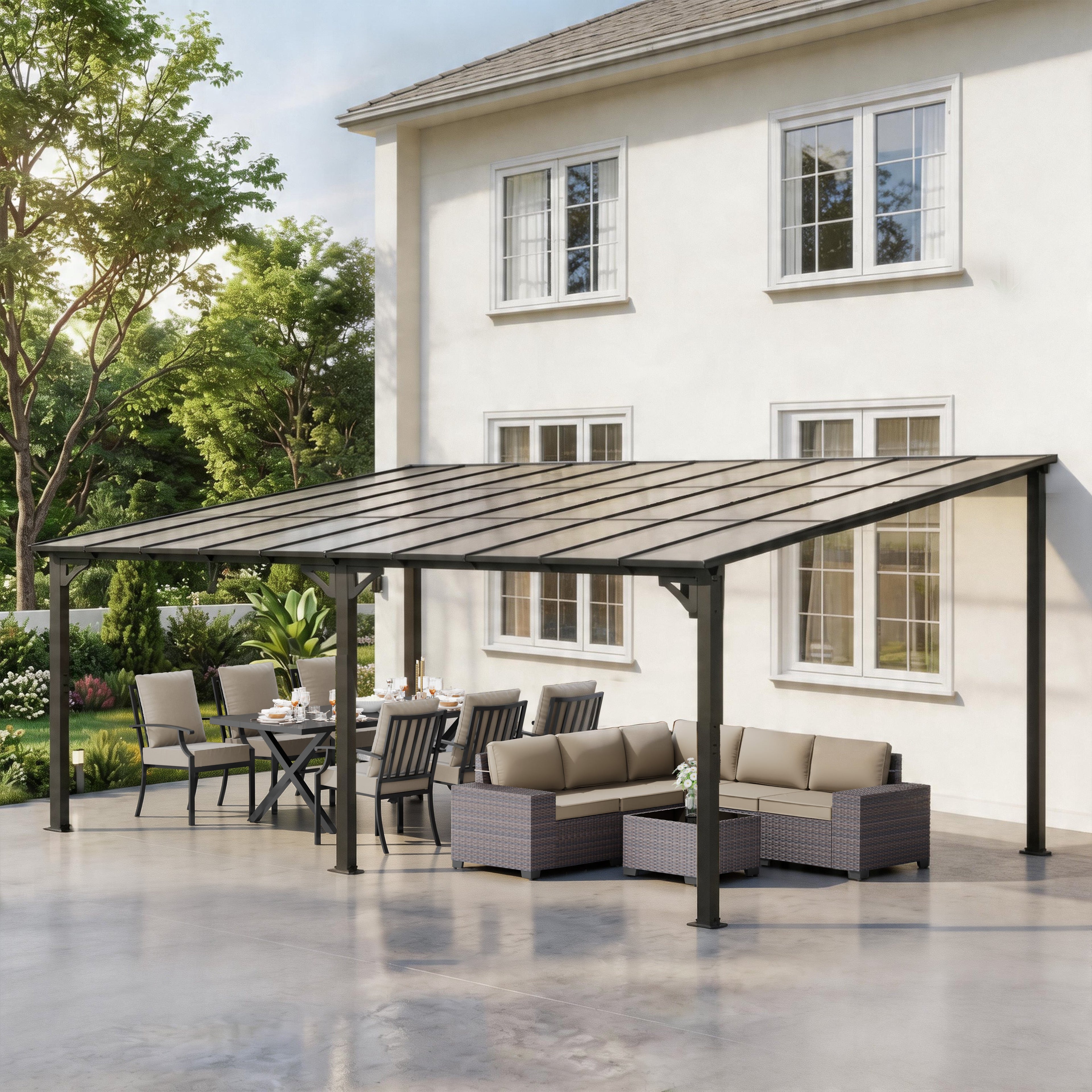 ASJMR Wall Mounted Gazebo with Polycarbonate Roof,Metal Frame Lean to Gazebo With Double Curtains for Garden Lawn Backyard Deck