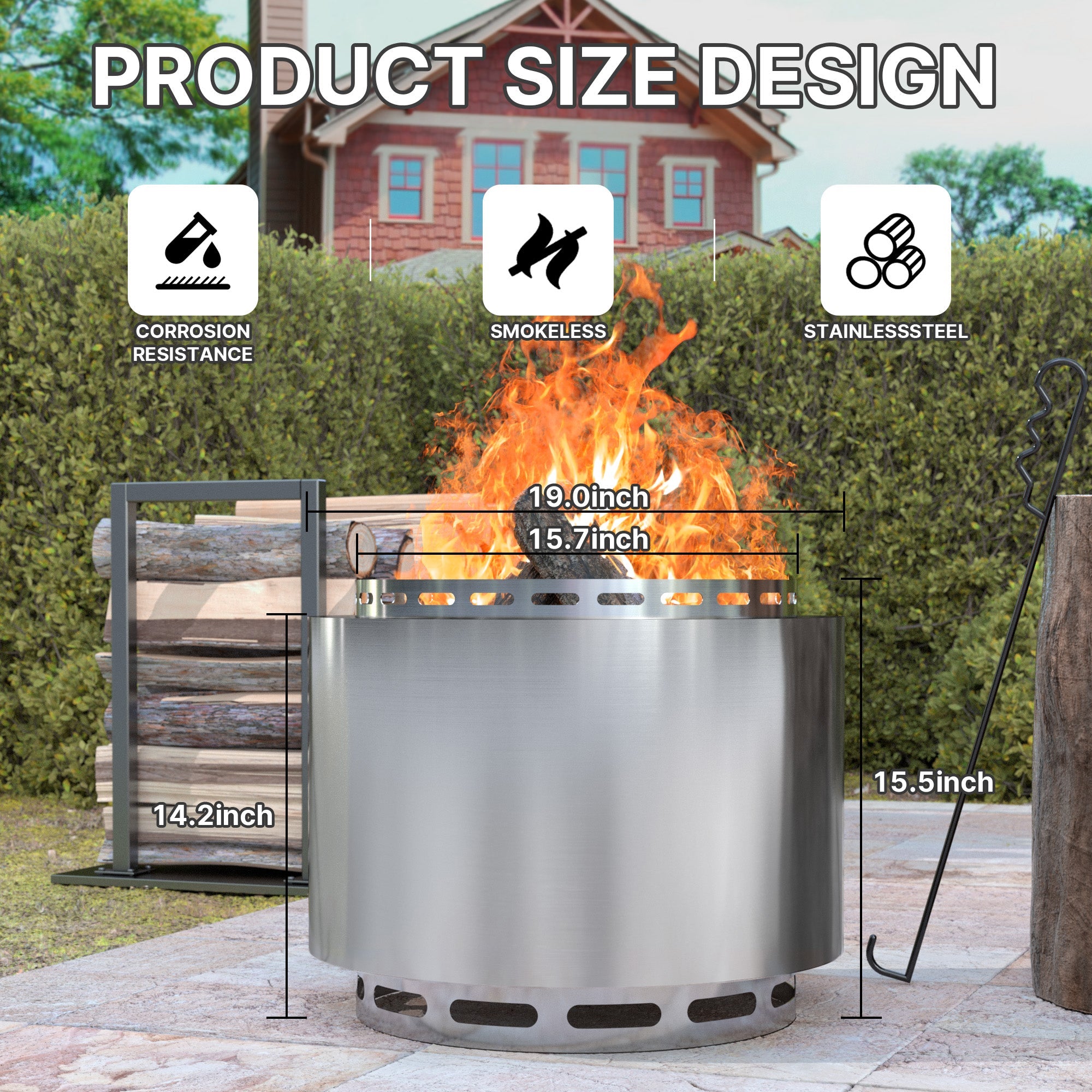 ALAULM 9PCS Adirondack Chair Set & 19" Smokeless Stove, Outdoor HDPE All-Weather Chairs with Marble Top Side Table, Fire Pit Comes with Waterproof Cover and Fire Poker, for Patio Garden, Brown