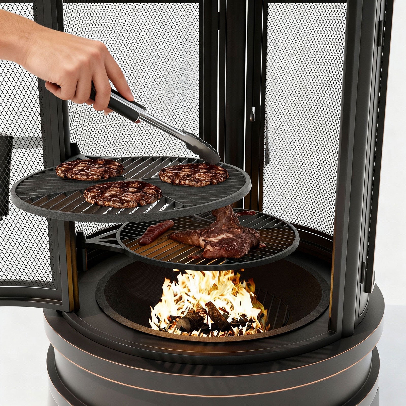 ALAULM Metal Chiminea Fire Pit with Grill, 2 in 1 Firepit with Adjustable Grill Tray & Mesh Spark Screen Door, 3-Door Multi-Access Fireplace for Patio, Garden & Backyard