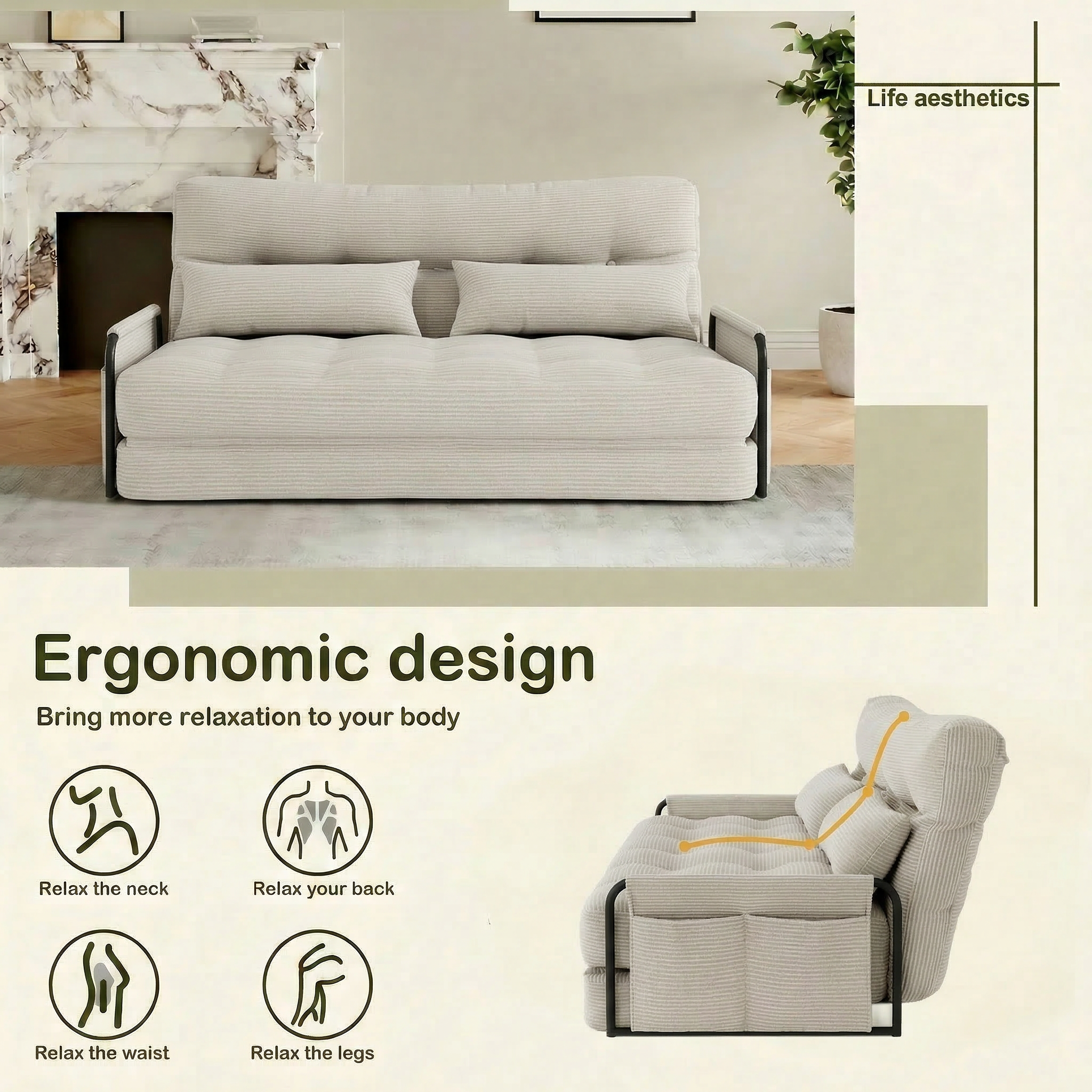 ALAULM Modern Single-Seater Folding Sofa Bed Convertible Sleeper Couch with Pillows, Storage Side, Versatile Floor Couch for Living Room Bedroom