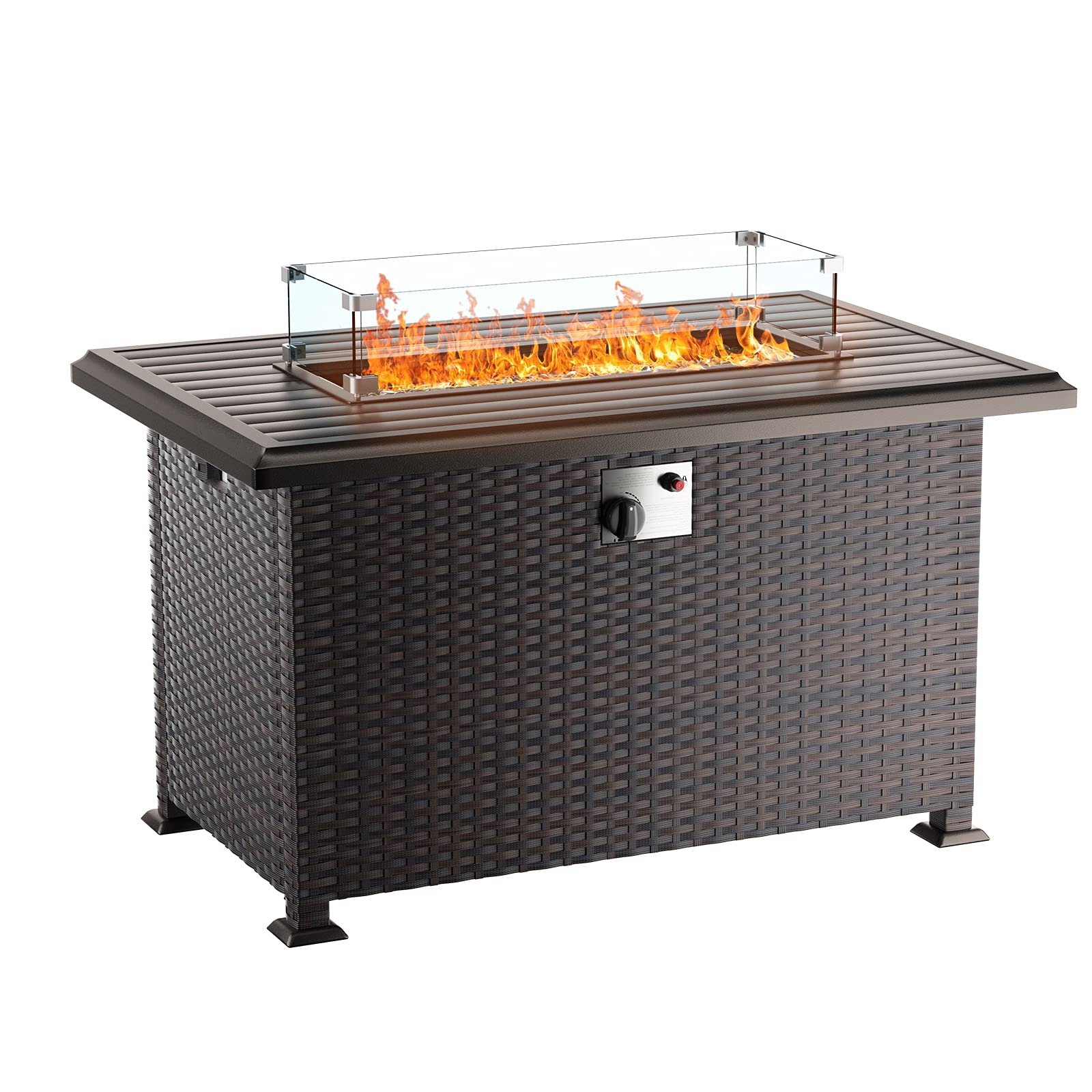 Kullavik Outdoor Propane Gas Fire Pit Table 43'', 55,000 BTU with Rectangular Tabletop, Auto-Ignition, Adjustable Flame,Glass Wind Guard,Brown PE Rattan & ETL,campingessentials,outdoorfurnitureset,campinggear