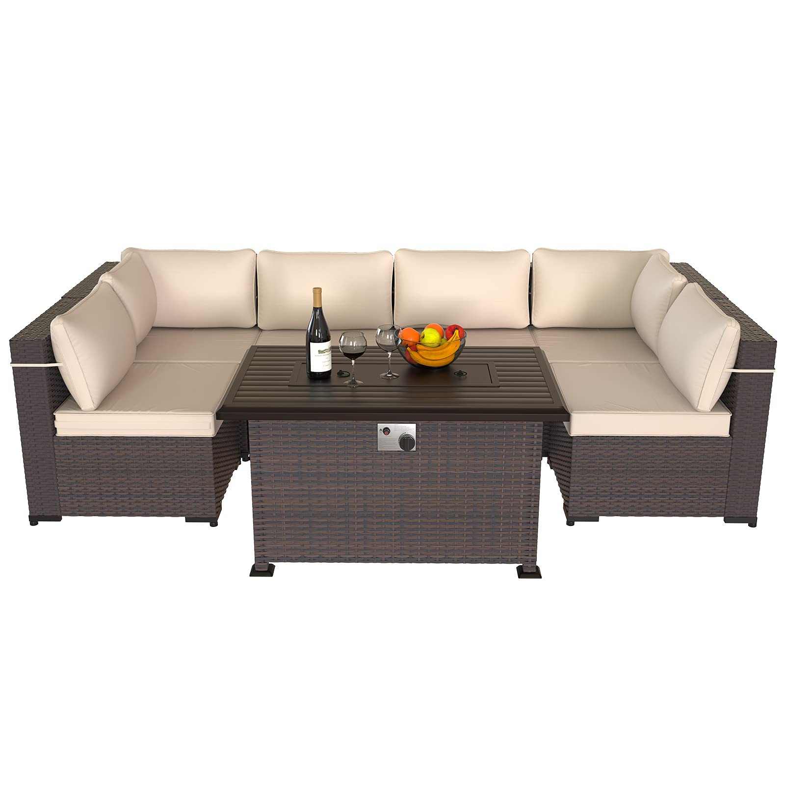 Kullavik Outdoor Propane Gas Fire Pit Table 43'', 55,000 BTU with Rectangular Tabletop, Auto-Ignition, Adjustable Flame,Glass Wind Guard,Brown PE Rattan & ETL,campingessentials,outdoorfurnitureset,campinggear